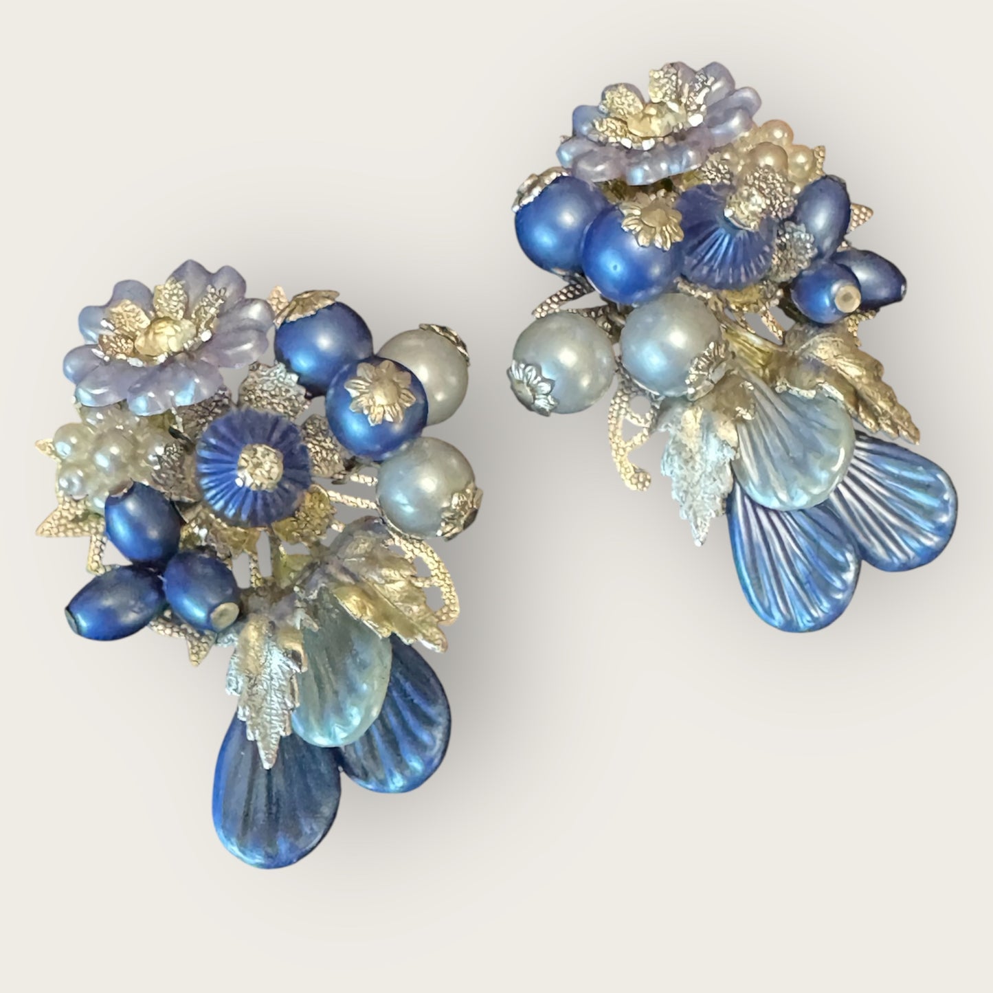 Signed Beau Jewels Vintage Blue Floral Cluster Clip-On Earrings – Mid-Century Statement Jewelry