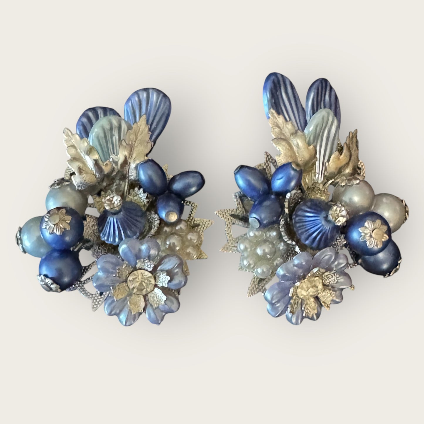 Signed Beau Jewels Vintage Blue Floral Cluster Clip-On Earrings – Mid-Century Statement Jewelry