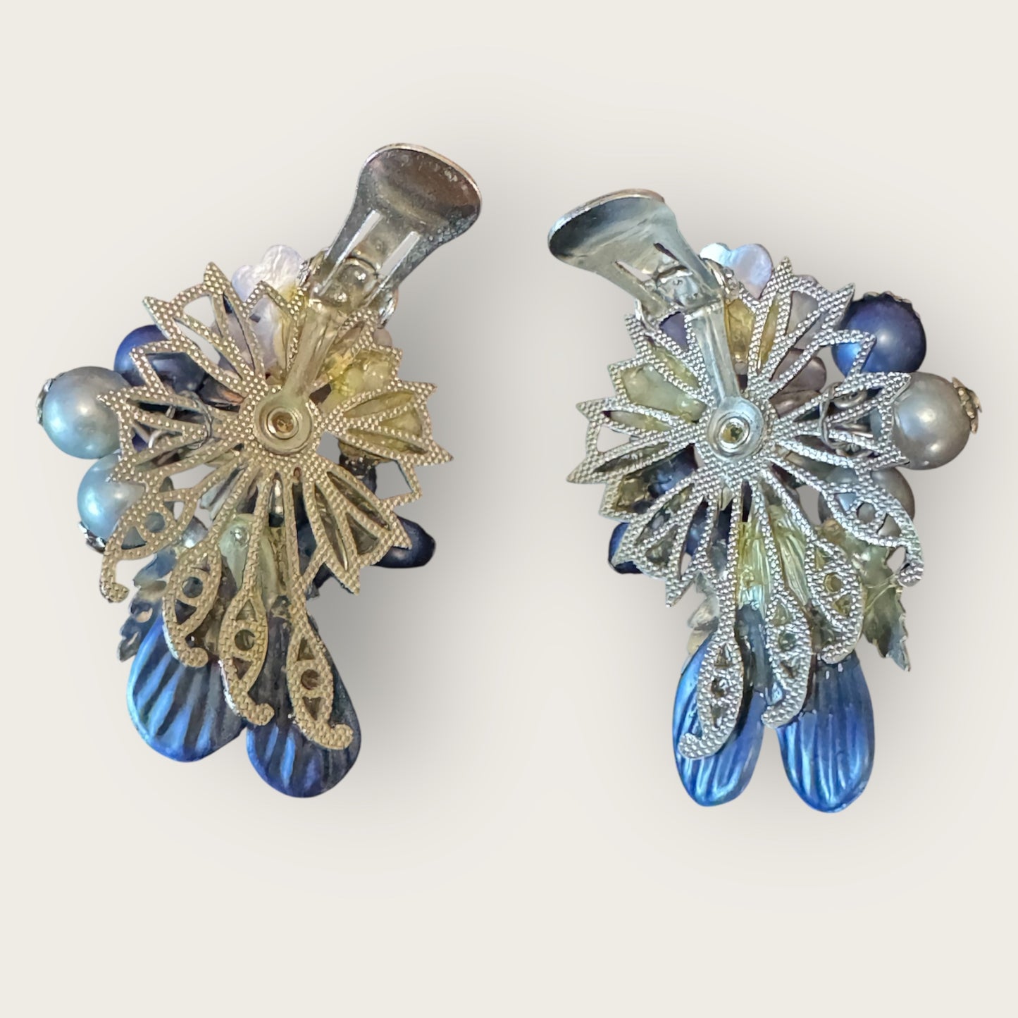 Signed Beau Jewels Vintage Blue Floral Cluster Clip-On Earrings – Mid-Century Statement Jewelry