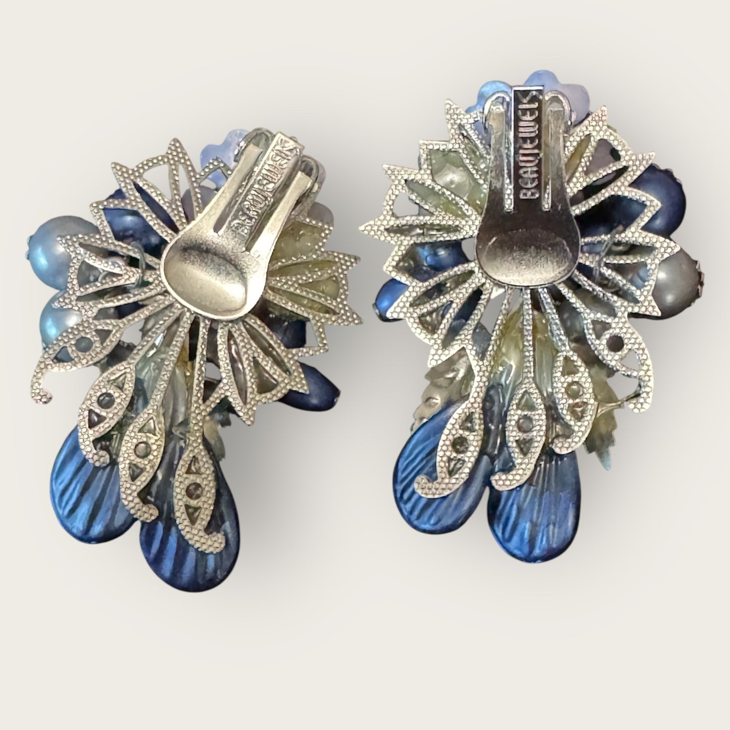 Signed Beau Jewels Vintage Blue Floral Cluster Clip-On Earrings – Mid-Century Statement Jewelry