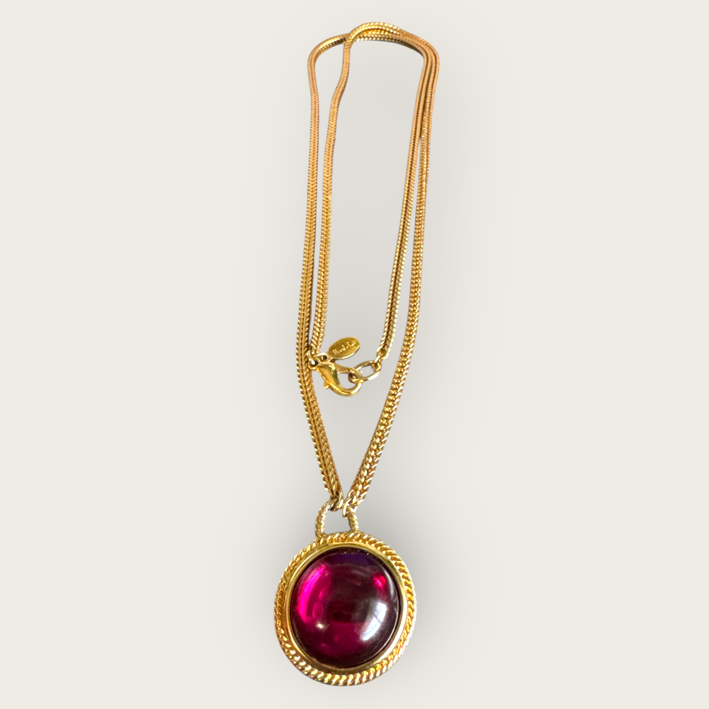 Kenneth Jay Lane Two-Sided Pendant Necklace – Gold-Tone Double Drop with Fuchsia Glass Cabochon & Faux Pearl – 32” Statement Jewelry