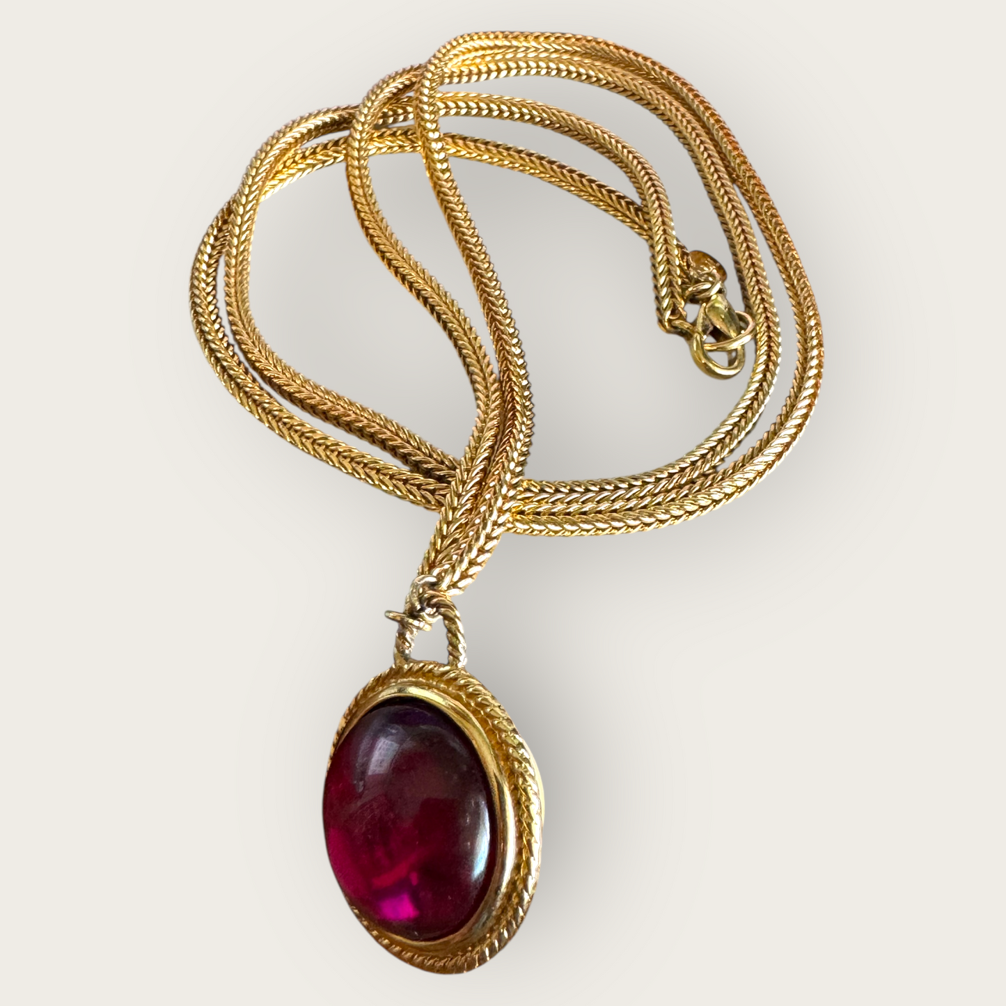 Kenneth Jay Lane Two-Sided Pendant Necklace – Gold-Tone Double Drop with Fuchsia Glass Cabochon & Faux Pearl – 32” Statement Jewelry
