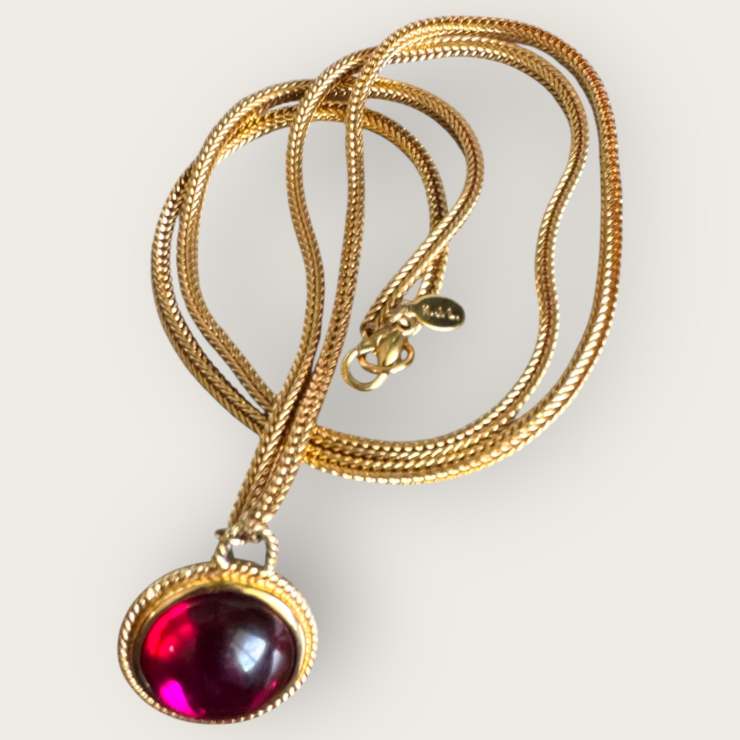 Kenneth Jay Lane Two-Sided Pendant Necklace – Gold-Tone Double Drop with Fuchsia Glass Cabochon & Faux Pearl – 32” Statement Jewelry
