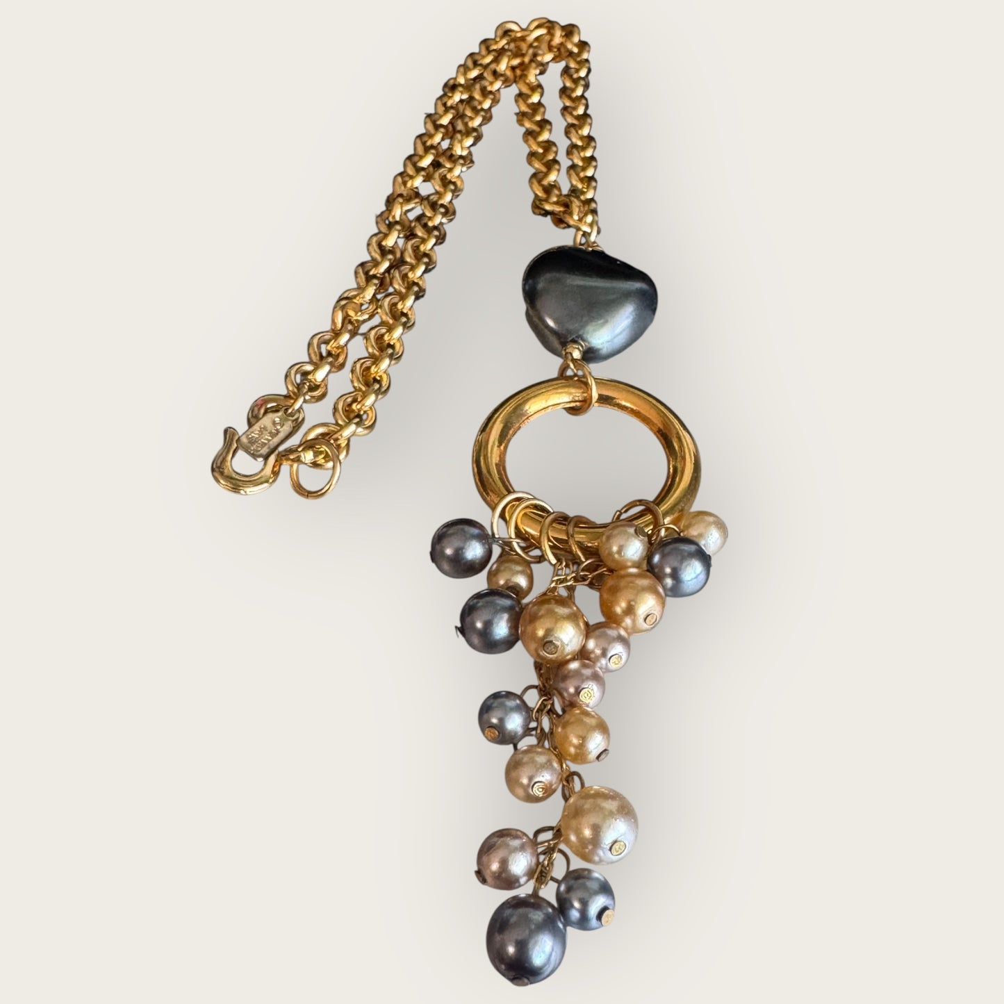 Vintage Kenneth Jay Lane Gold-Tone Chain Necklace with Multi-Tone Pearl Cha-Cha Pendant