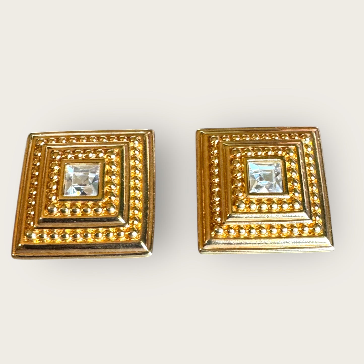 Vintage Swarovski Swan Mark Gold-Tone Beaded Square Post Earrings with Cushion-Cut Crystal