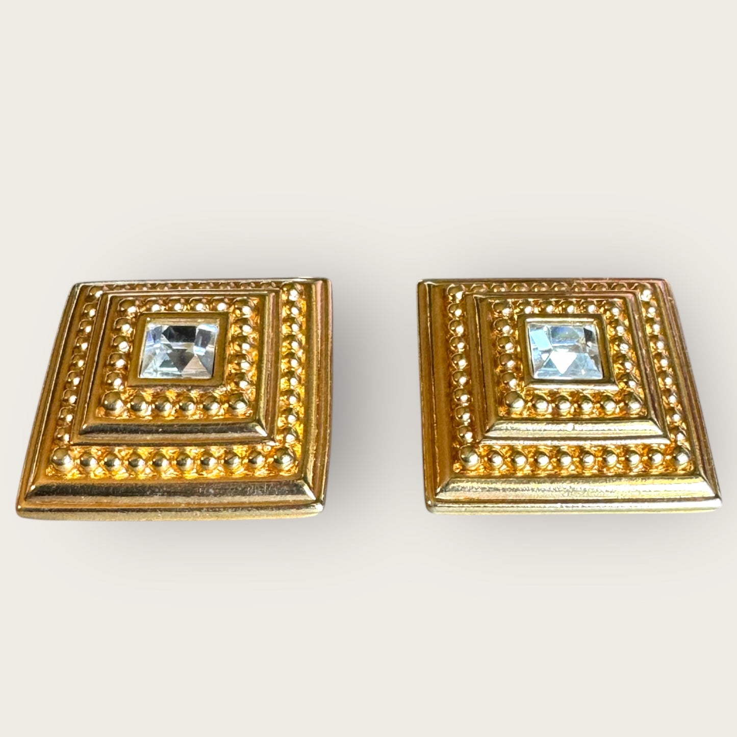 Vintage Swarovski Swan Mark Gold-Tone Beaded Square Post Earrings with Cushion-Cut Crystal