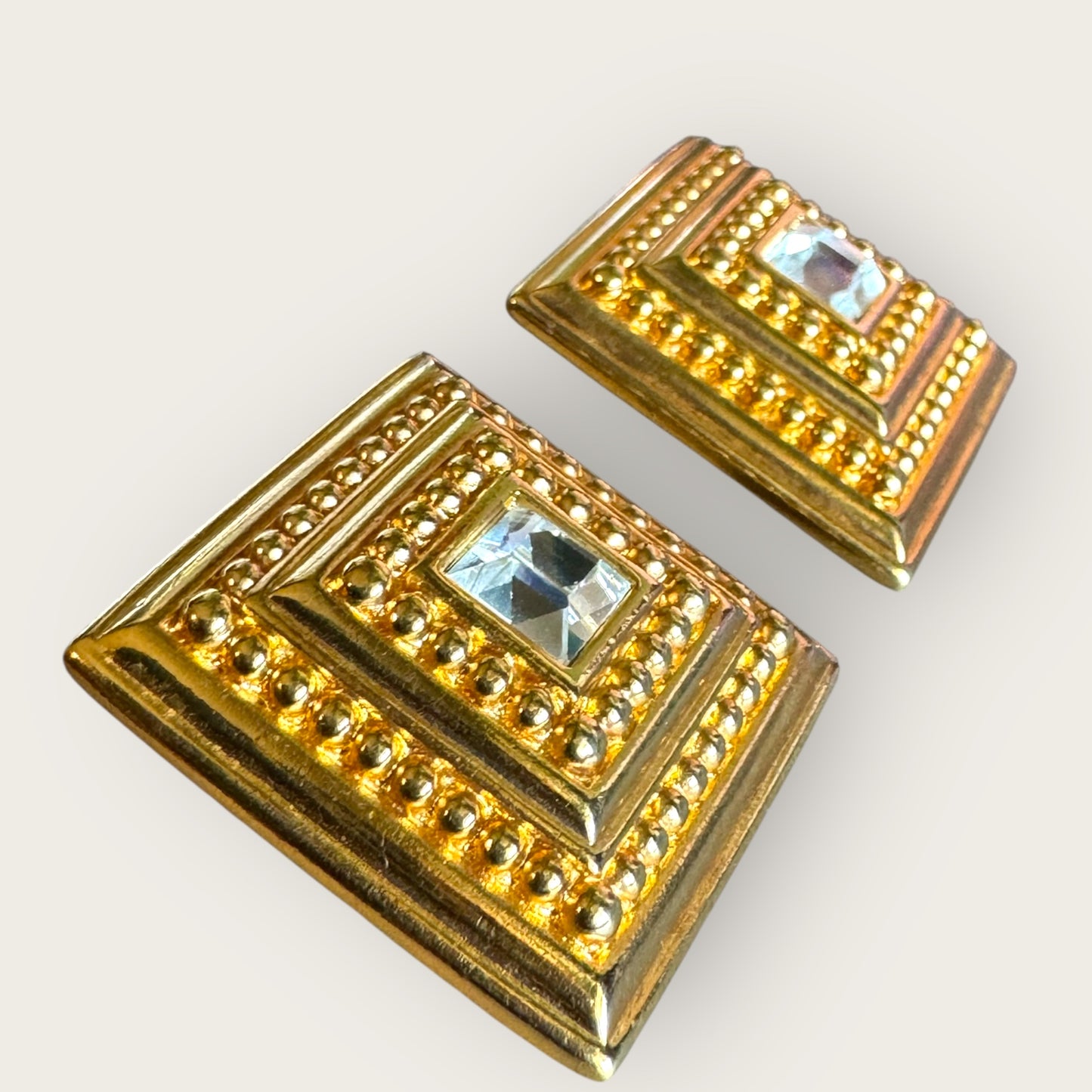 Vintage Swarovski Swan Mark Gold-Tone Beaded Square Post Earrings with Cushion-Cut Crystal