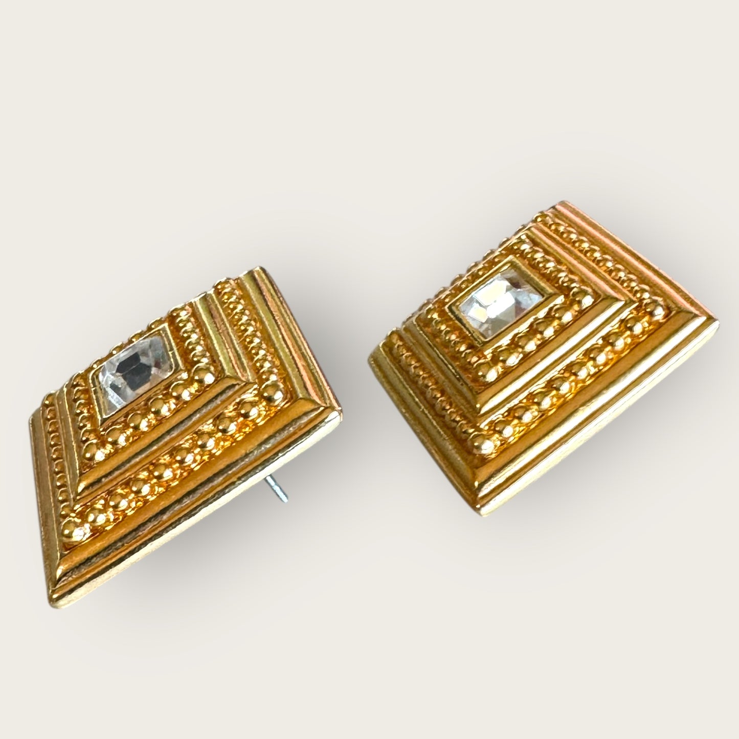 Vintage Swarovski Swan Mark Gold-Tone Beaded Square Post Earrings with Cushion-Cut Crystal