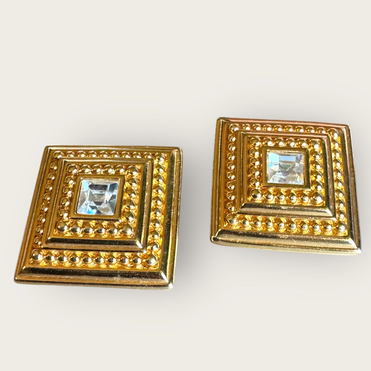 Vintage Swarovski Swan Mark Gold-Tone Beaded Square Post Earrings with Cushion-Cut Crystal