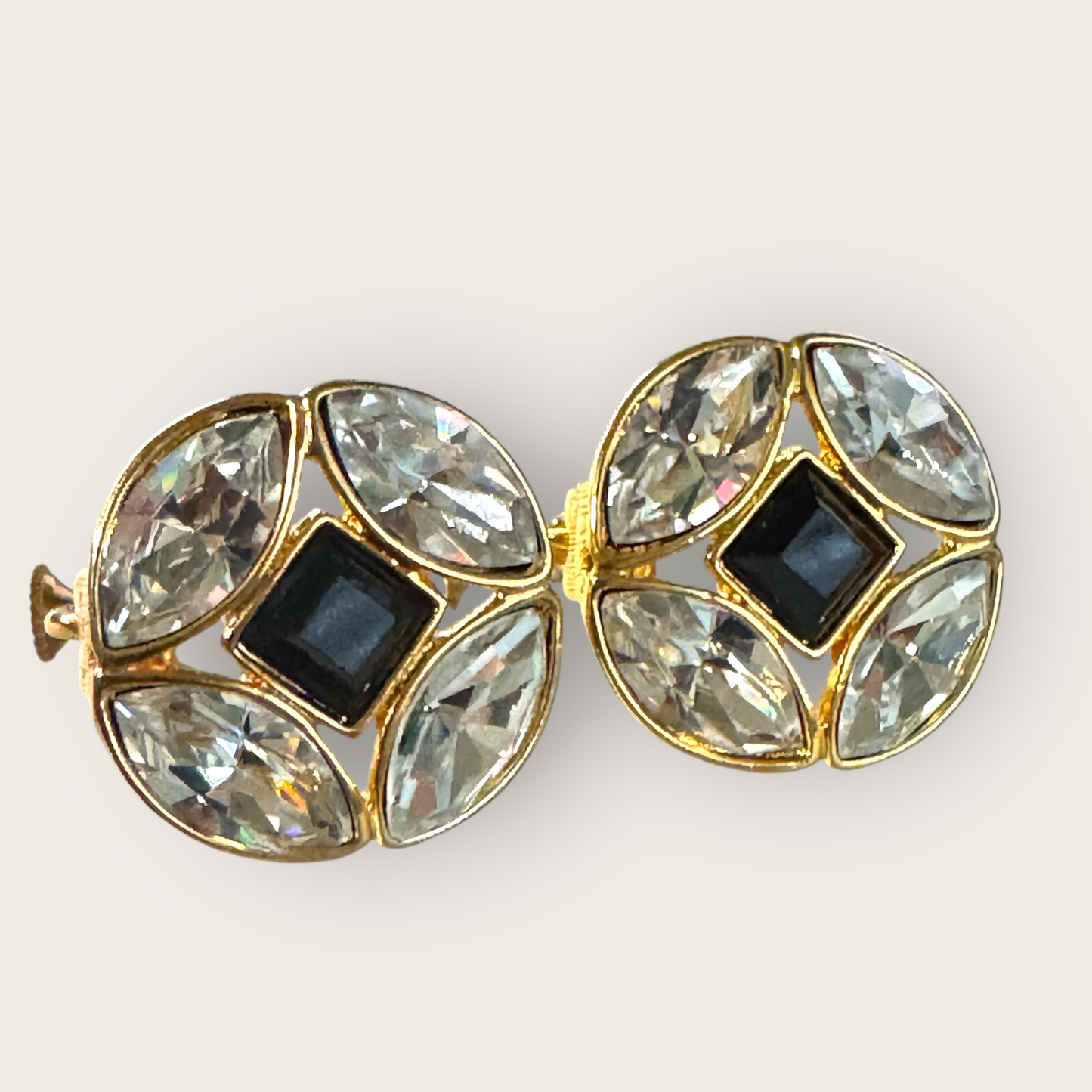 Vintage Napier Crystal & Black Onyx Glass Clip-On Screwback Earrings – Gold-Tone Statement Jewelry