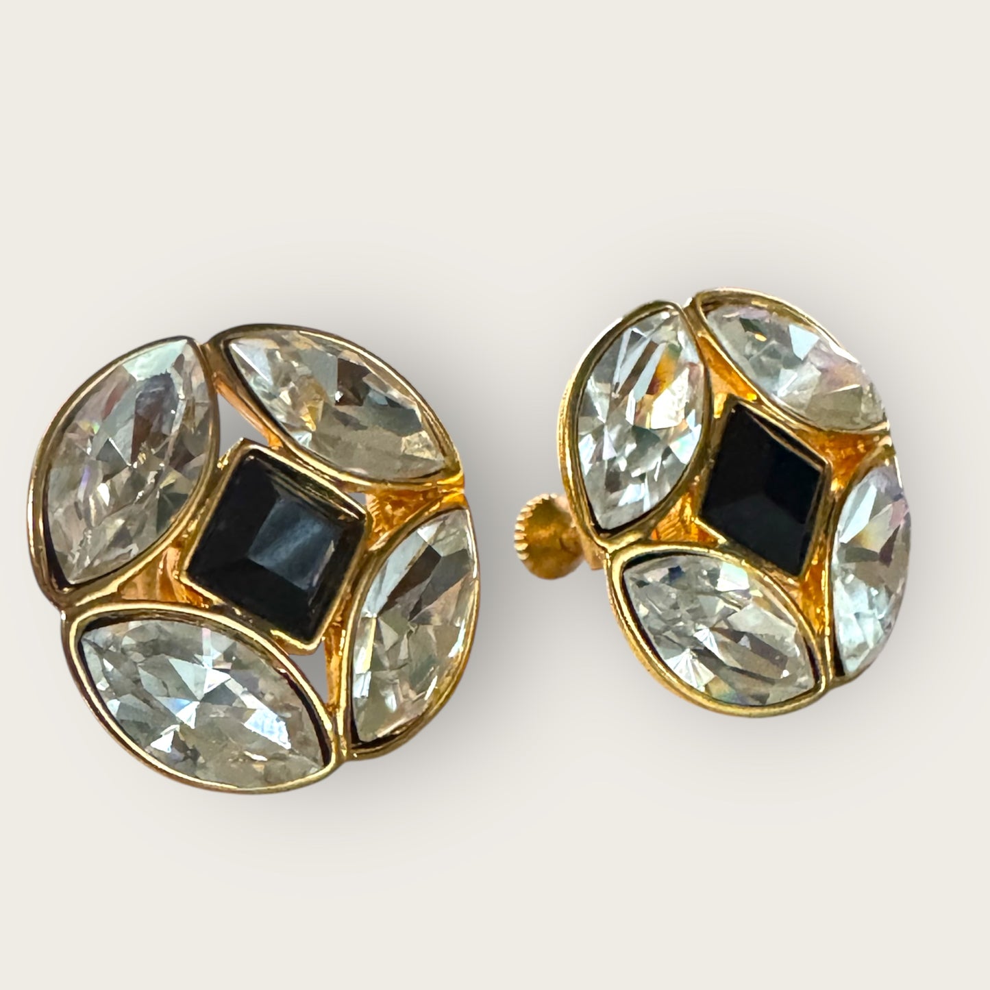 Vintage Napier Crystal & Black Onyx Glass Clip-On Screwback Earrings – Gold-Tone Statement Jewelry