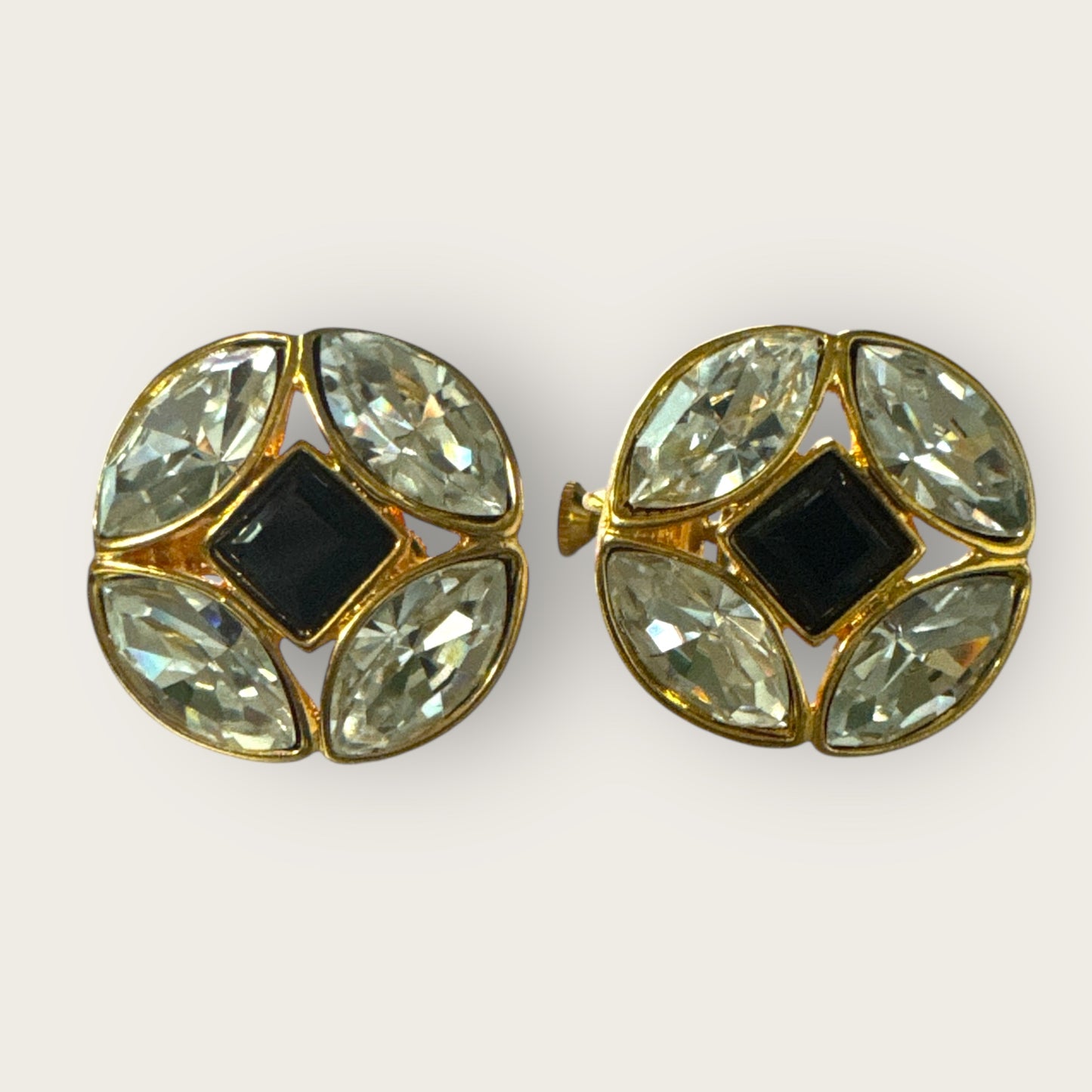 Vintage Napier Crystal & Black Onyx Glass Clip-On Screwback Earrings – Gold-Tone Statement Jewelry