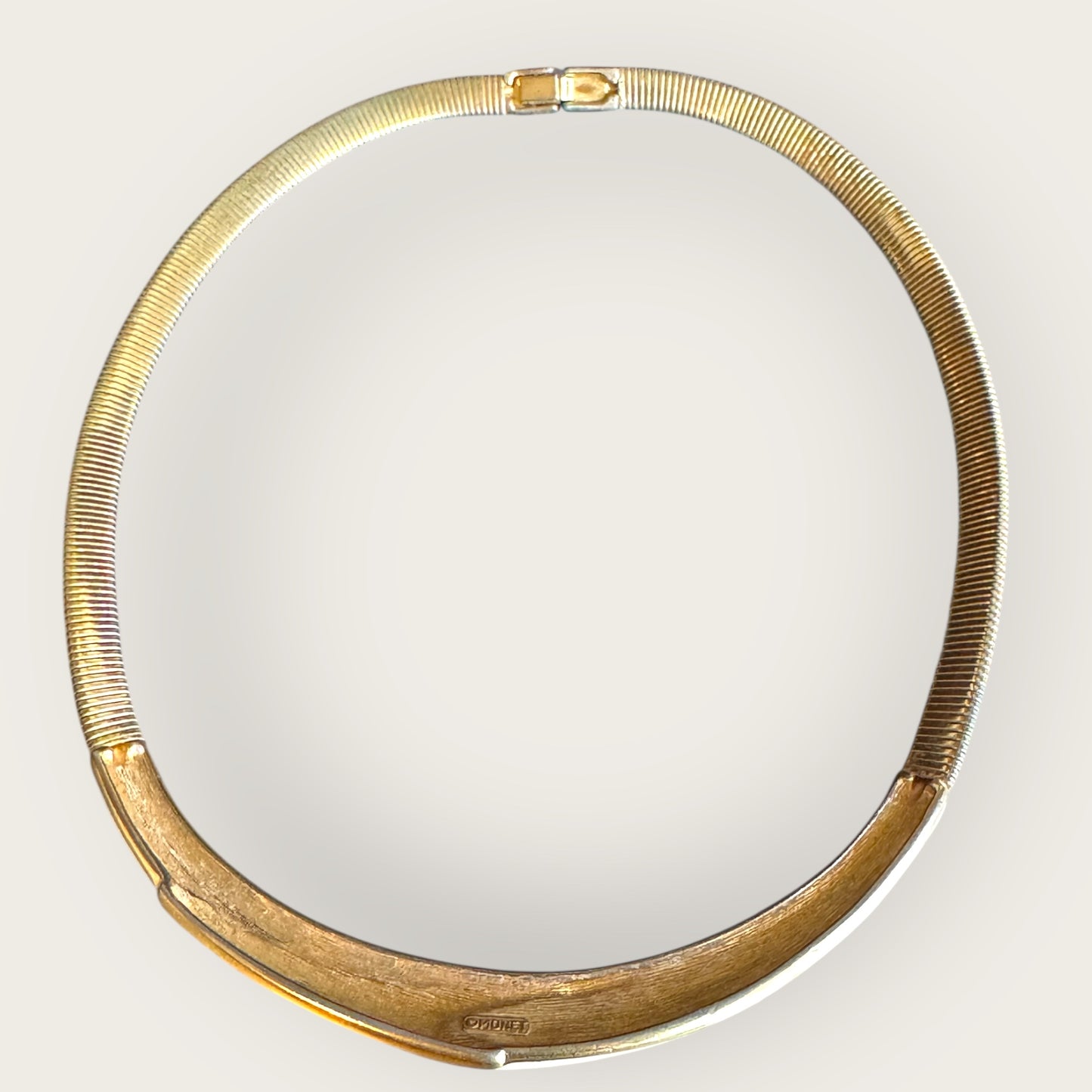 Vintage Monet Omega Chain Necklace with Cream Enamel and Gold Bar – 16 Inch Snap Closure