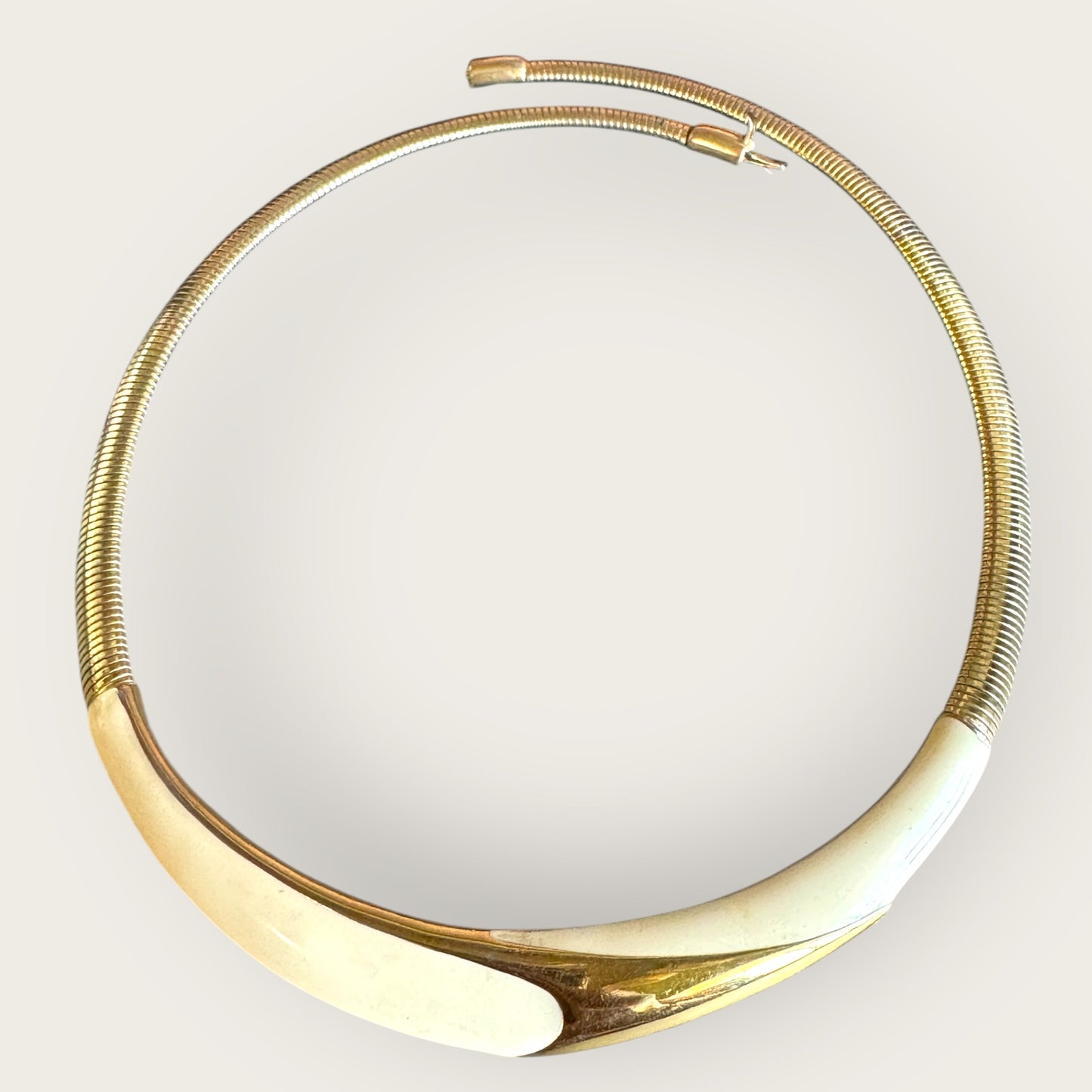 Vintage Monet Omega Chain Necklace with Cream Enamel and Gold Bar – 16 Inch Snap Closure