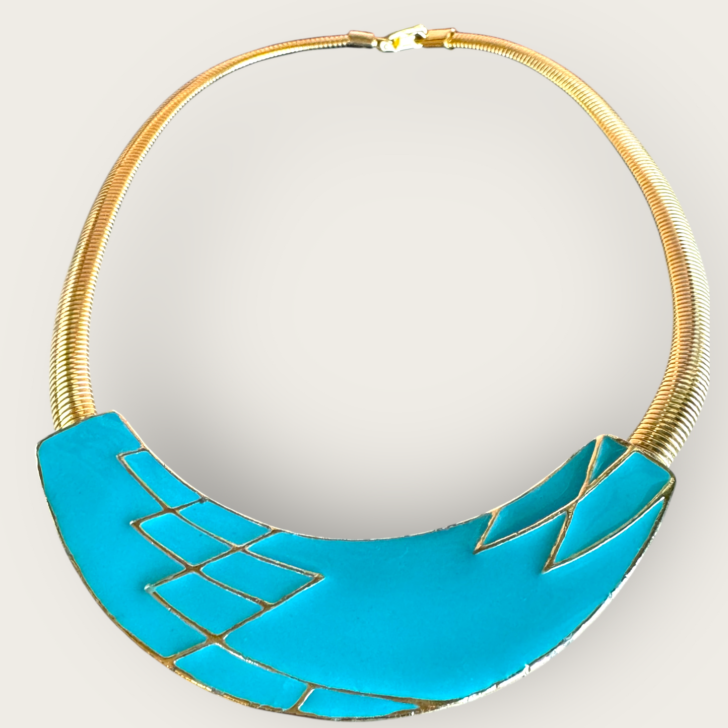 Vintage Omega Chain Necklace with Turquoise Enamel Bar – 16 Inch Gold Tone Collar Choker – Snap Closure