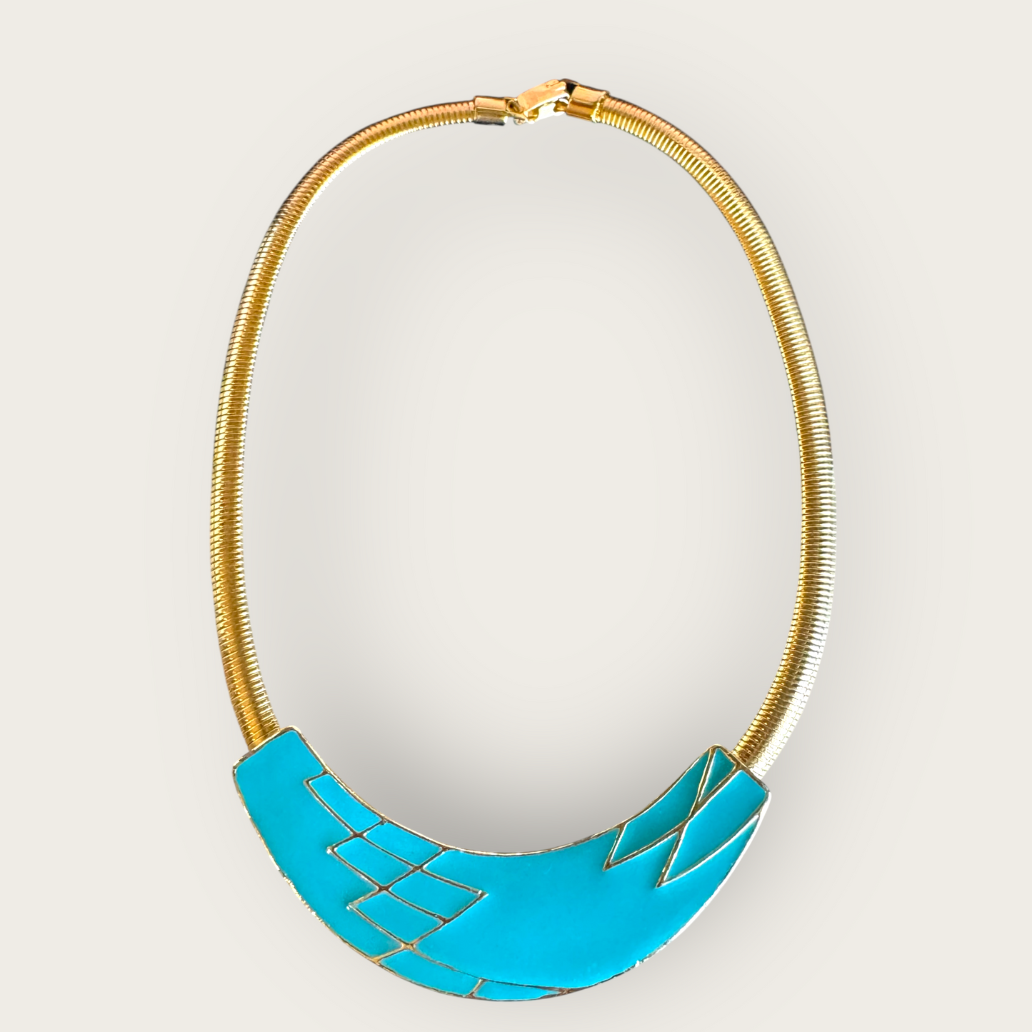 Vintage Omega Chain Necklace with Turquoise Enamel Bar – 16 Inch Gold Tone Collar Choker – Snap Closure