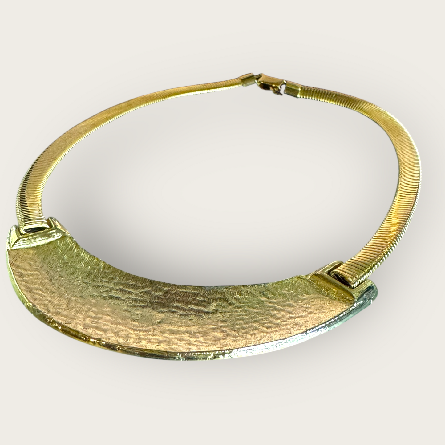 Vintage Omega Chain Necklace with Turquoise Enamel Bar – 16 Inch Gold Tone Collar Choker – Snap Closure