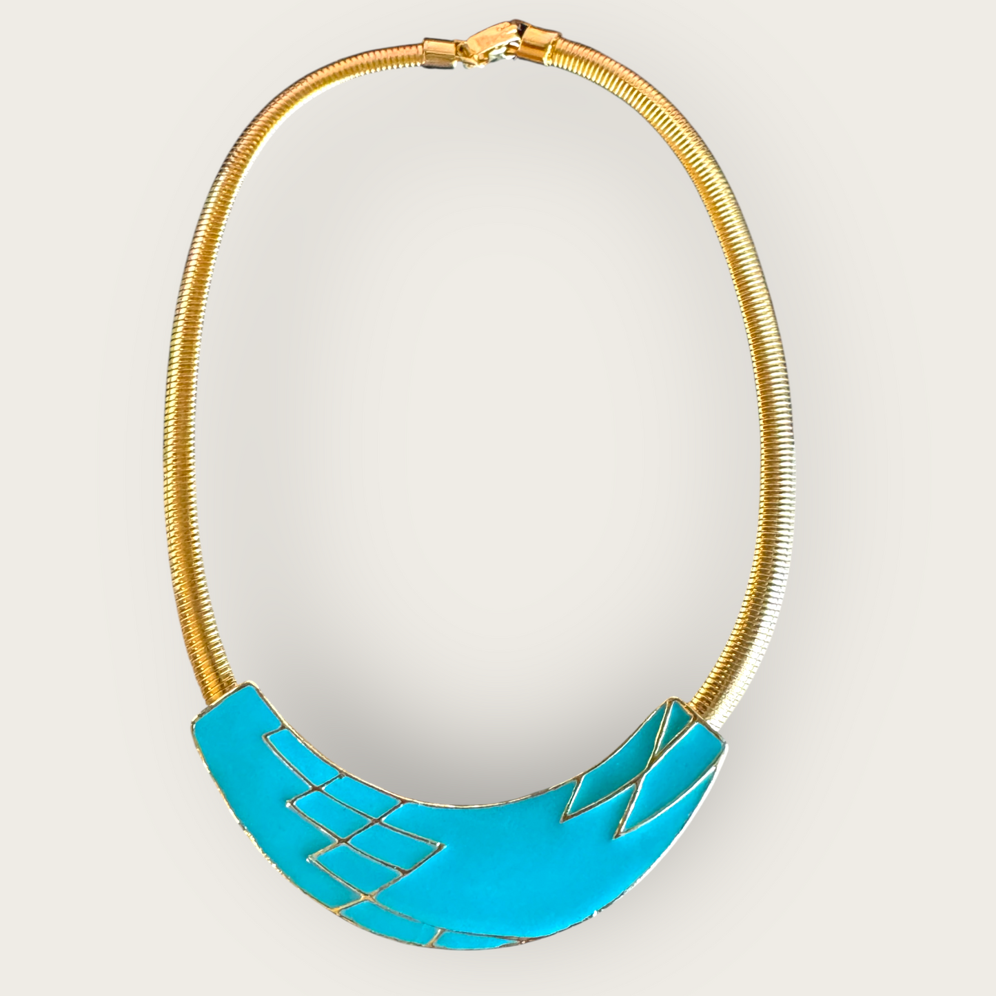 Vintage Omega Chain Necklace with Turquoise Enamel Bar – 16 Inch Gold Tone Collar Choker – Snap Closure