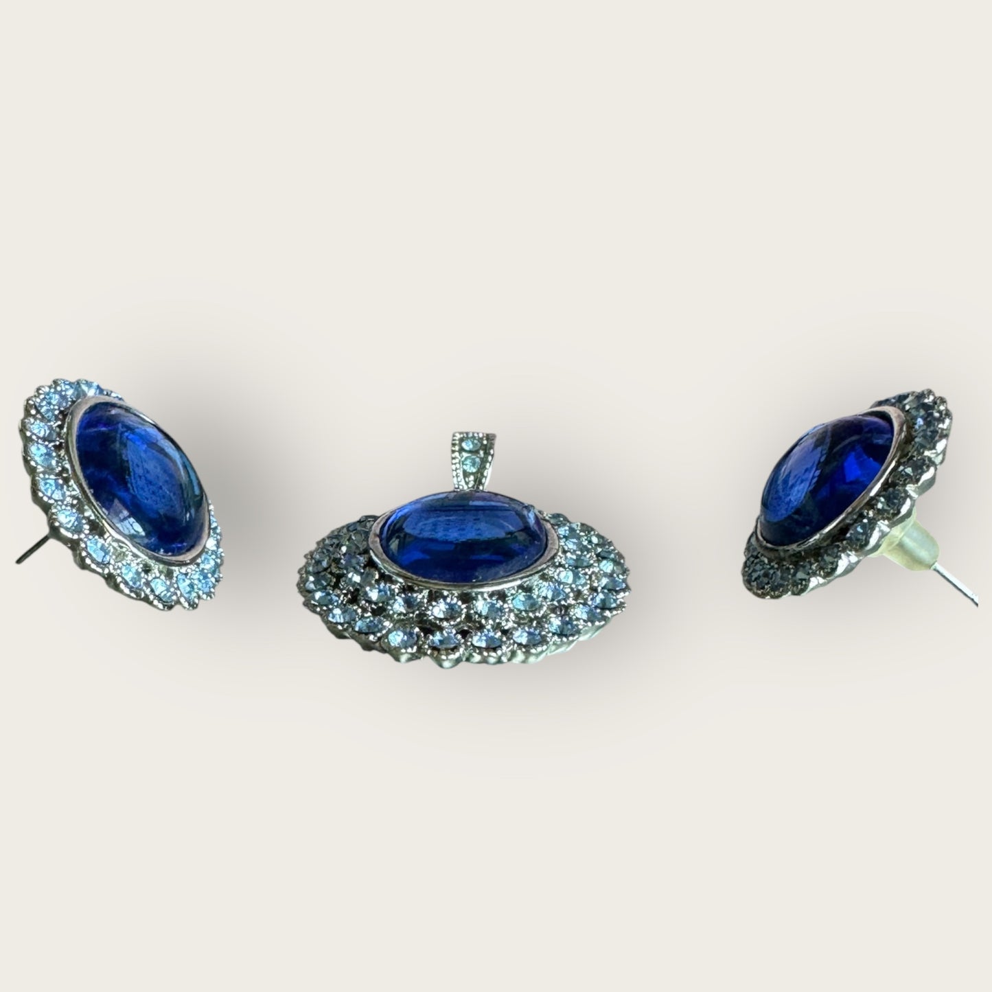 Vintage Unsigned Blue Glass & Rhinestone Double Halo Pendant and Earrings Set