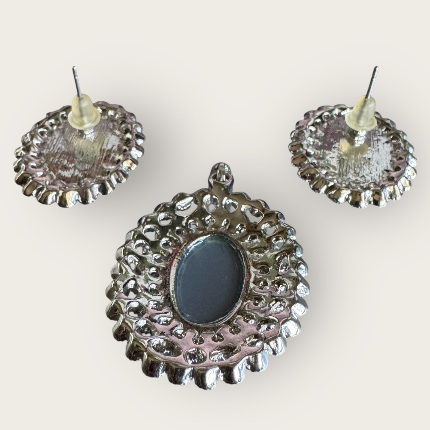 Vintage Unsigned Blue Glass & Rhinestone Double Halo Pendant and Earrings Set