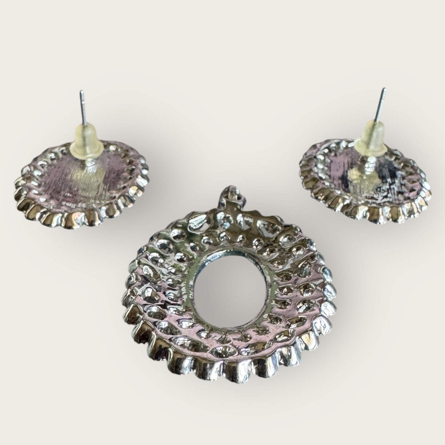 Vintage Unsigned Blue Glass & Rhinestone Double Halo Pendant and Earrings Set