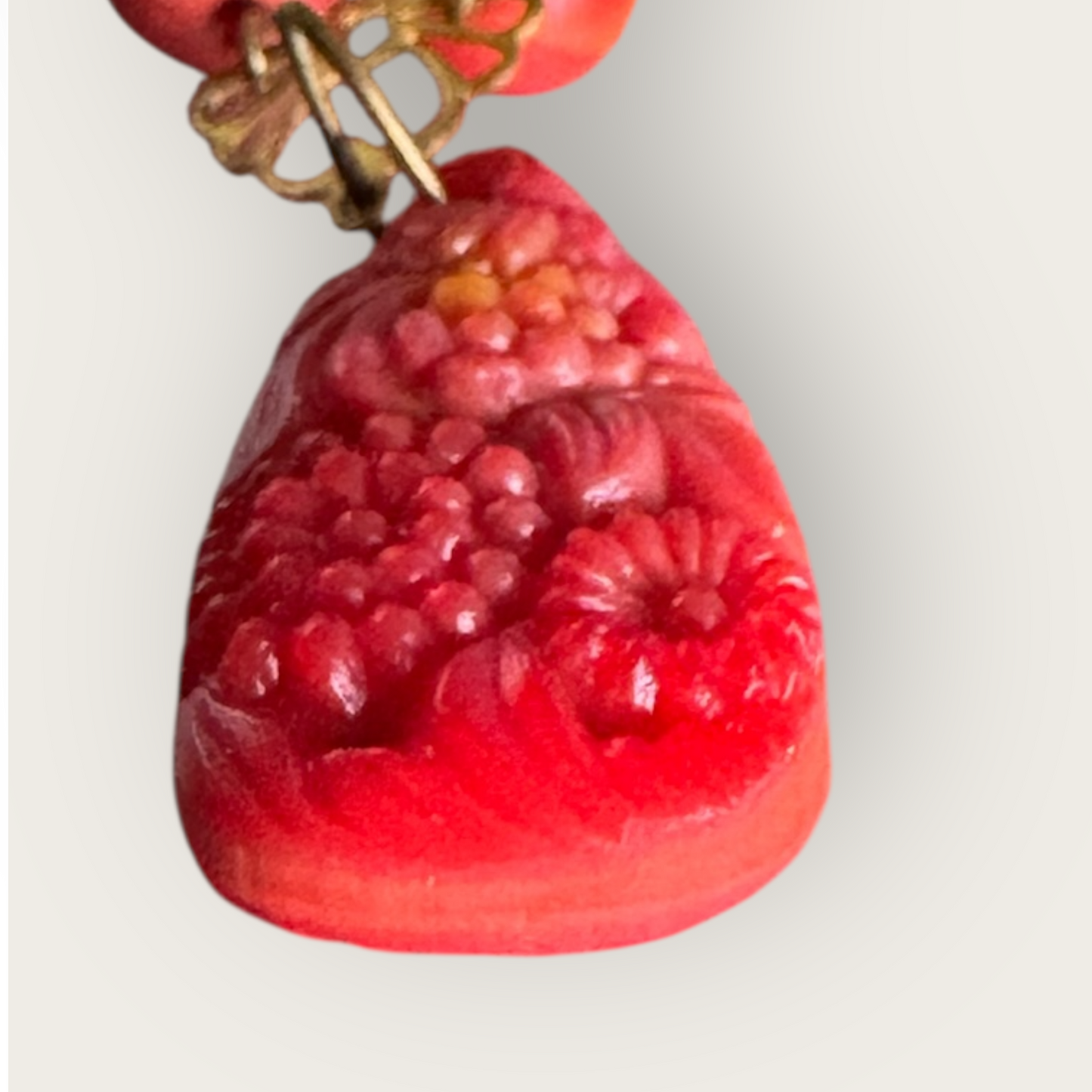 Vintage Asian-Inspired Carved Red Stone Pendant Necklace with Brass-Tone Chain and Glass Beads