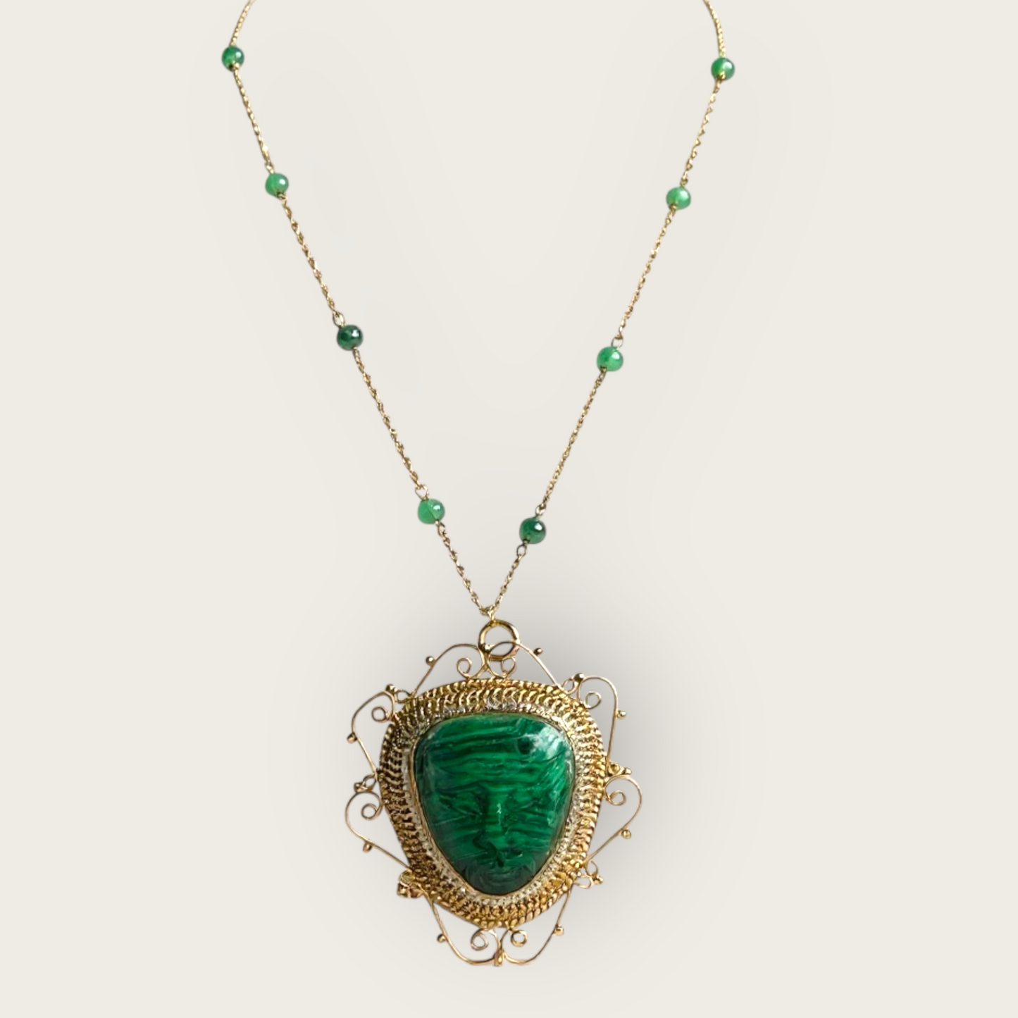 14K Gold Malachite Carved Face Pendant Brooch with Seed Pearls & Emerald Station Chain | Private Collection