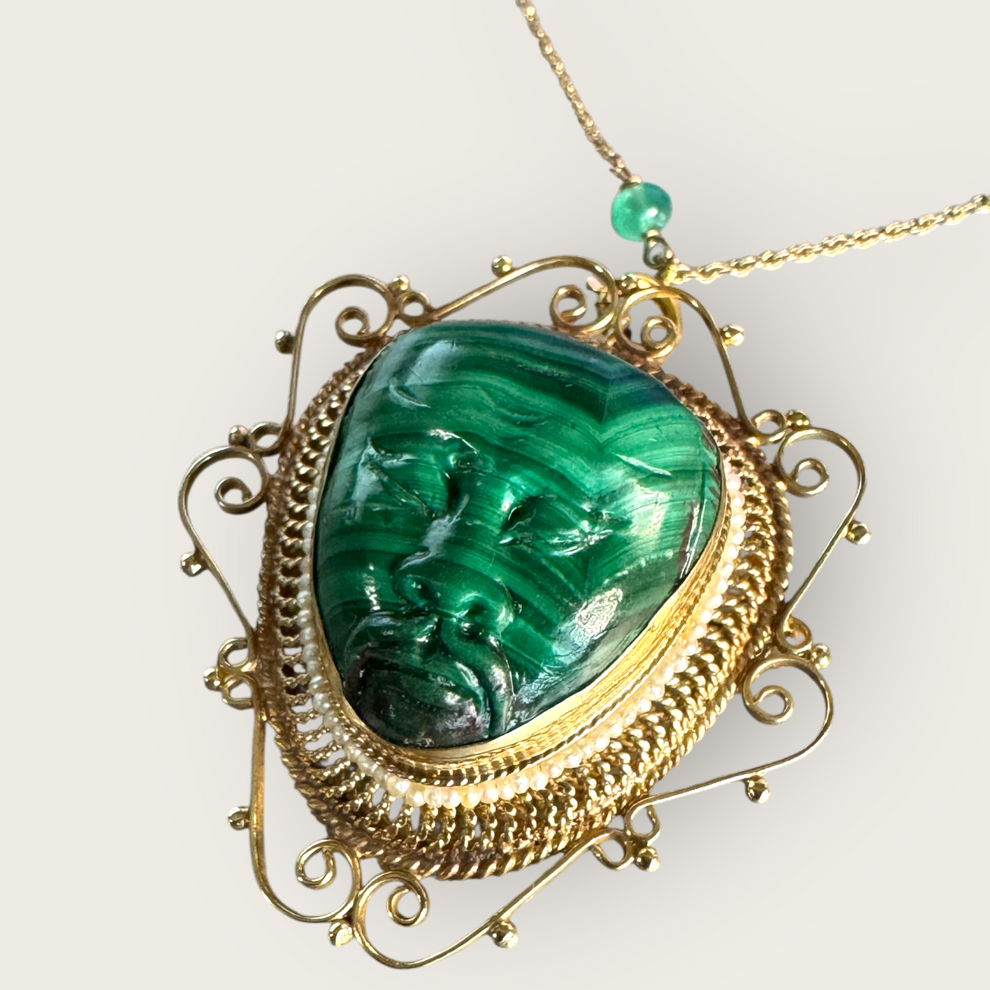 14K Gold Malachite Carved Face Pendant Brooch with Seed Pearls & Emerald Station Chain | Private Collection