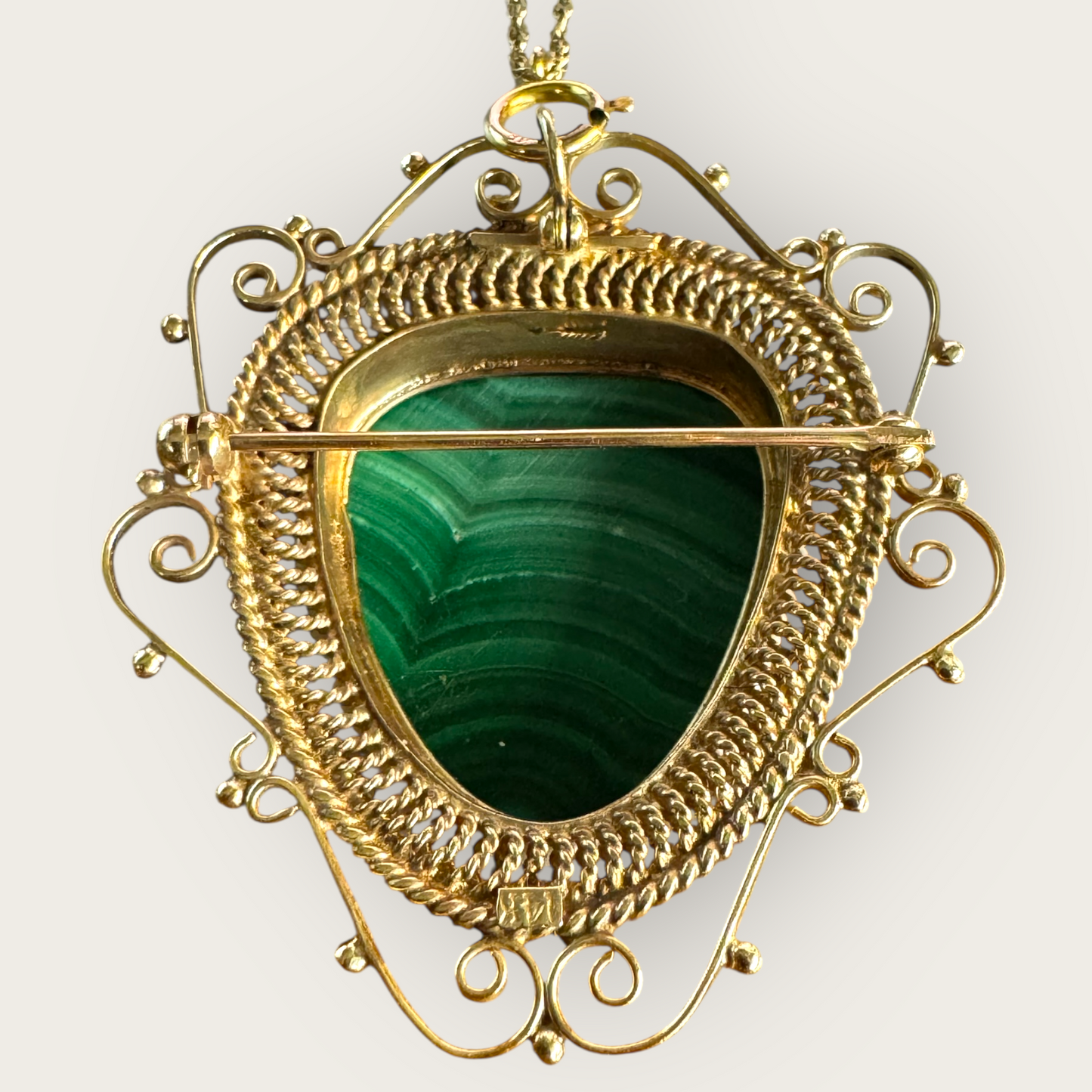 14K Gold Malachite Carved Face Pendant Brooch with Seed Pearls & Emerald Station Chain | Private Collection