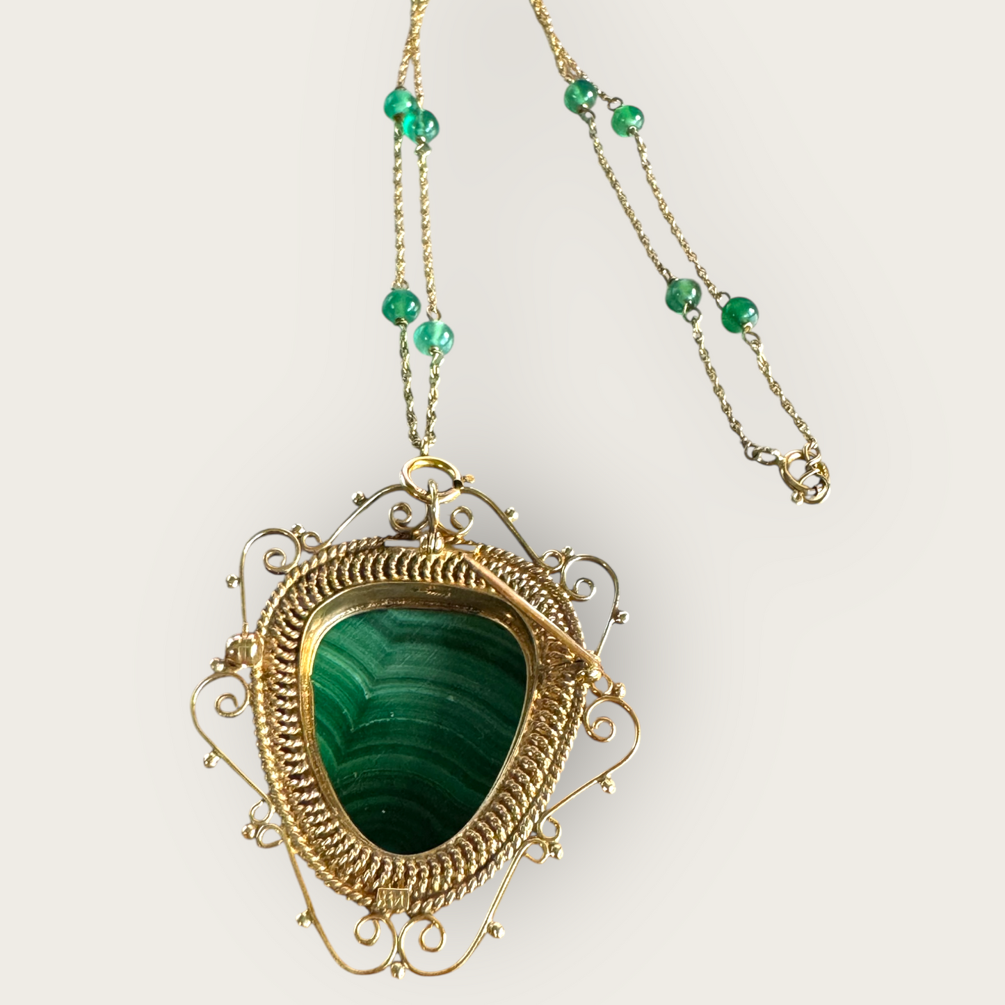 14K Gold Malachite Carved Face Pendant Brooch with Seed Pearls & Emerald Station Chain | Private Collection