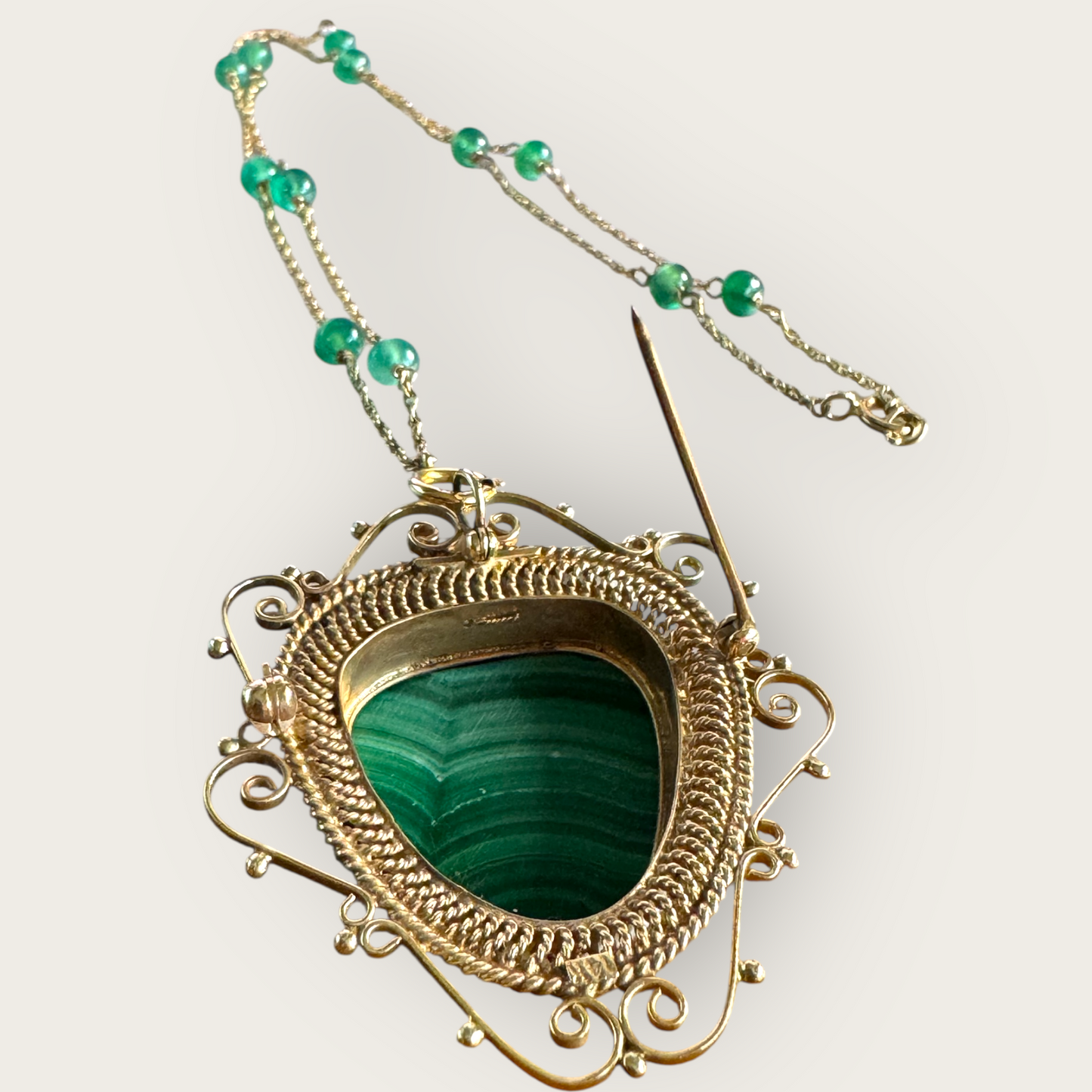 14K Gold Malachite Carved Face Pendant Brooch with Seed Pearls & Emerald Station Chain | Private Collection