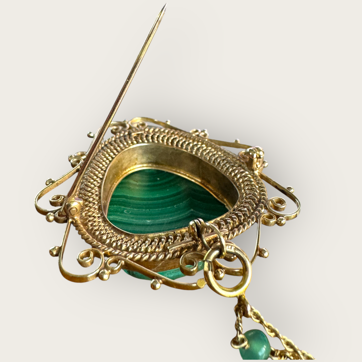 14K Gold Malachite Carved Face Pendant Brooch with Seed Pearls & Emerald Station Chain | Private Collection