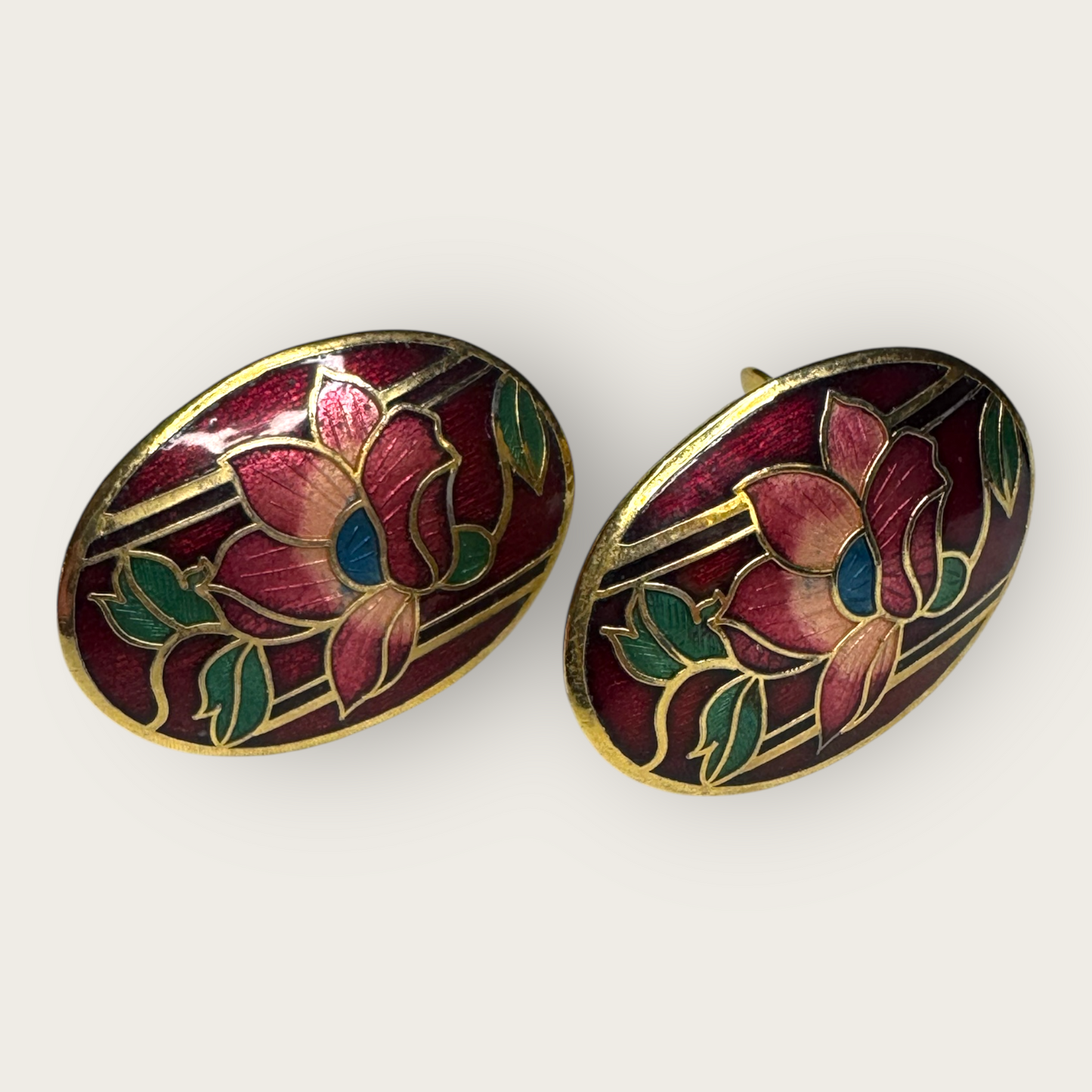 Vintage Cloisonné Floral Clip-On Earrings – Burgundy Enamel with Mauve Lotus