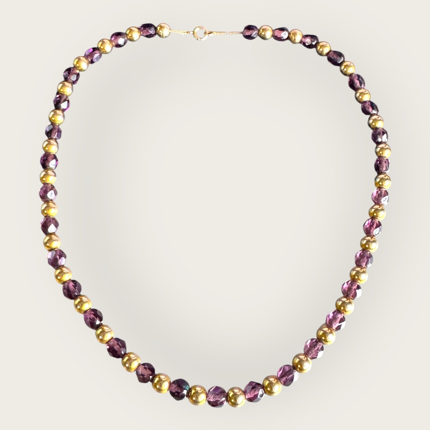 Vintage Purple Czech Glass Necklace with Gold Tone Beads – 17 Inch Faceted Bead Necklace