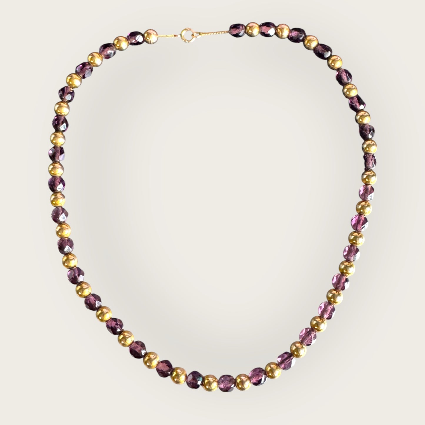 Vintage Purple Czech Glass Necklace with Gold Tone Beads – 17 Inch Faceted Bead Necklace