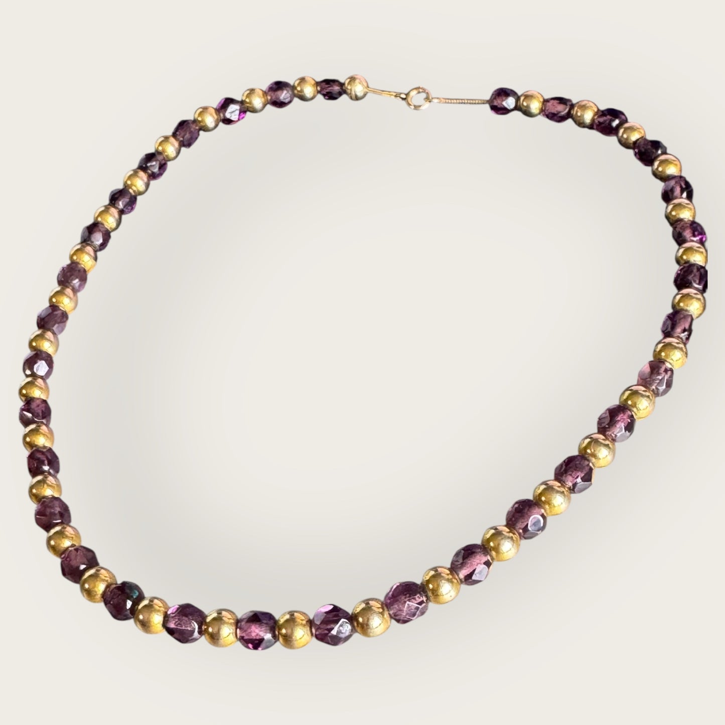 Vintage Purple Czech Glass Necklace with Gold Tone Beads – 17 Inch Faceted Bead Necklace