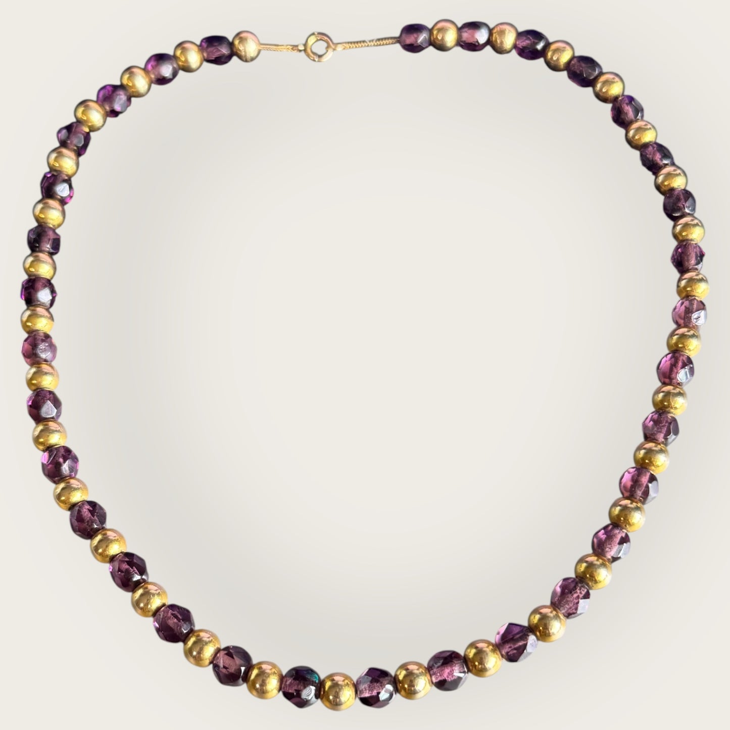 Vintage Purple Czech Glass Necklace with Gold Tone Beads – 17 Inch Faceted Bead Necklace