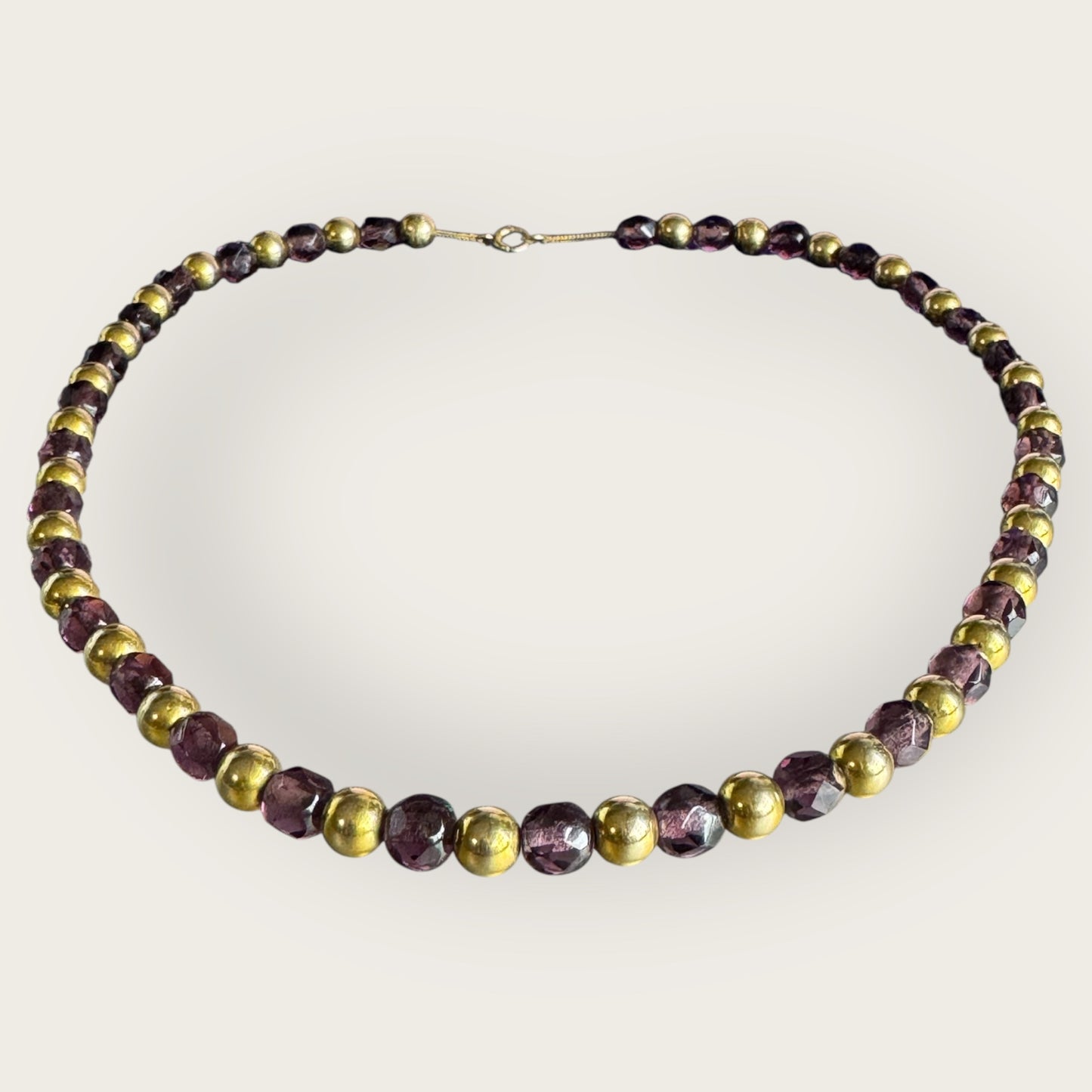 Vintage Purple Czech Glass Necklace with Gold Tone Beads – 17 Inch Faceted Bead Necklace