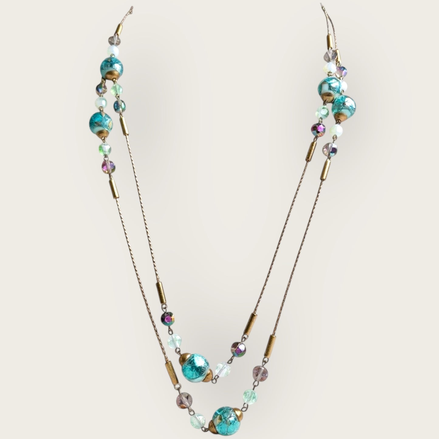 Vintage 56-Inch Murano Glass Necklace with Aqua Foil Wedding Cake Beads and Aurora Borealis Crystals