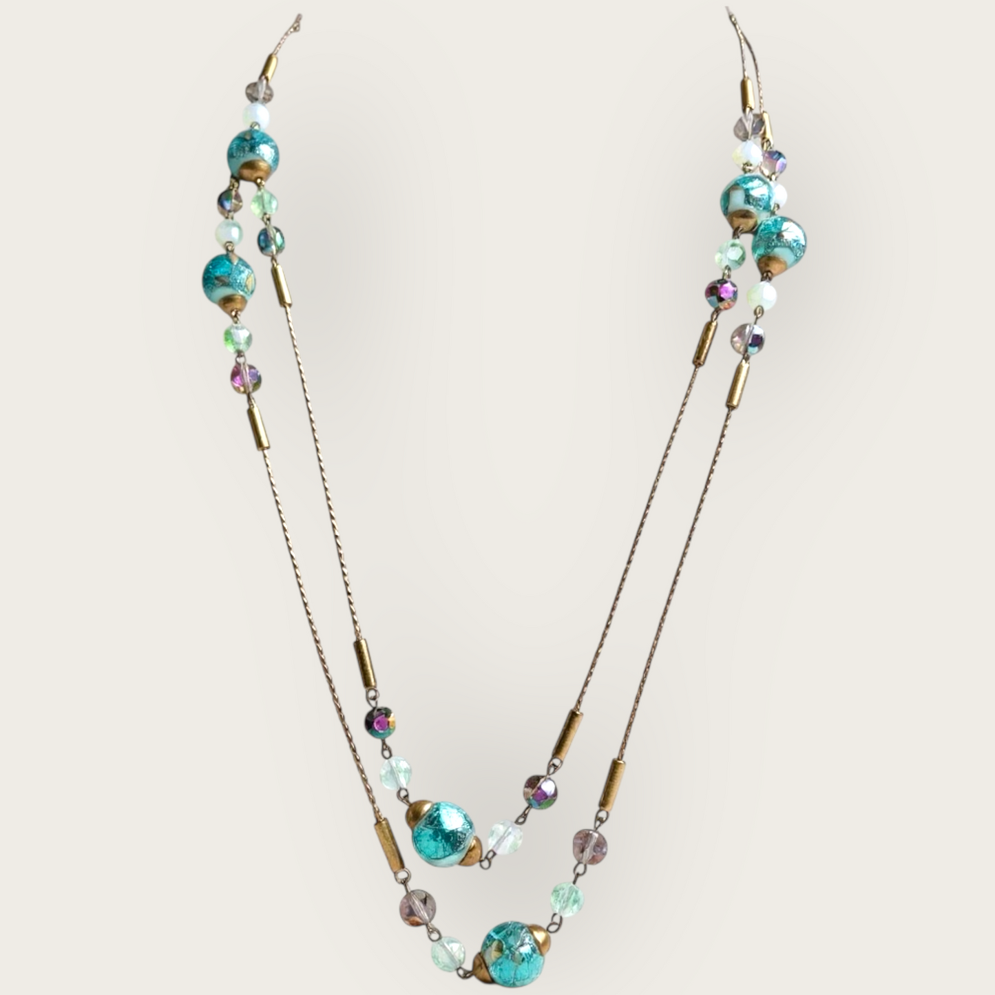 Vintage 56-Inch Murano Glass Necklace with Aqua Foil Wedding Cake Beads and Aurora Borealis Crystals