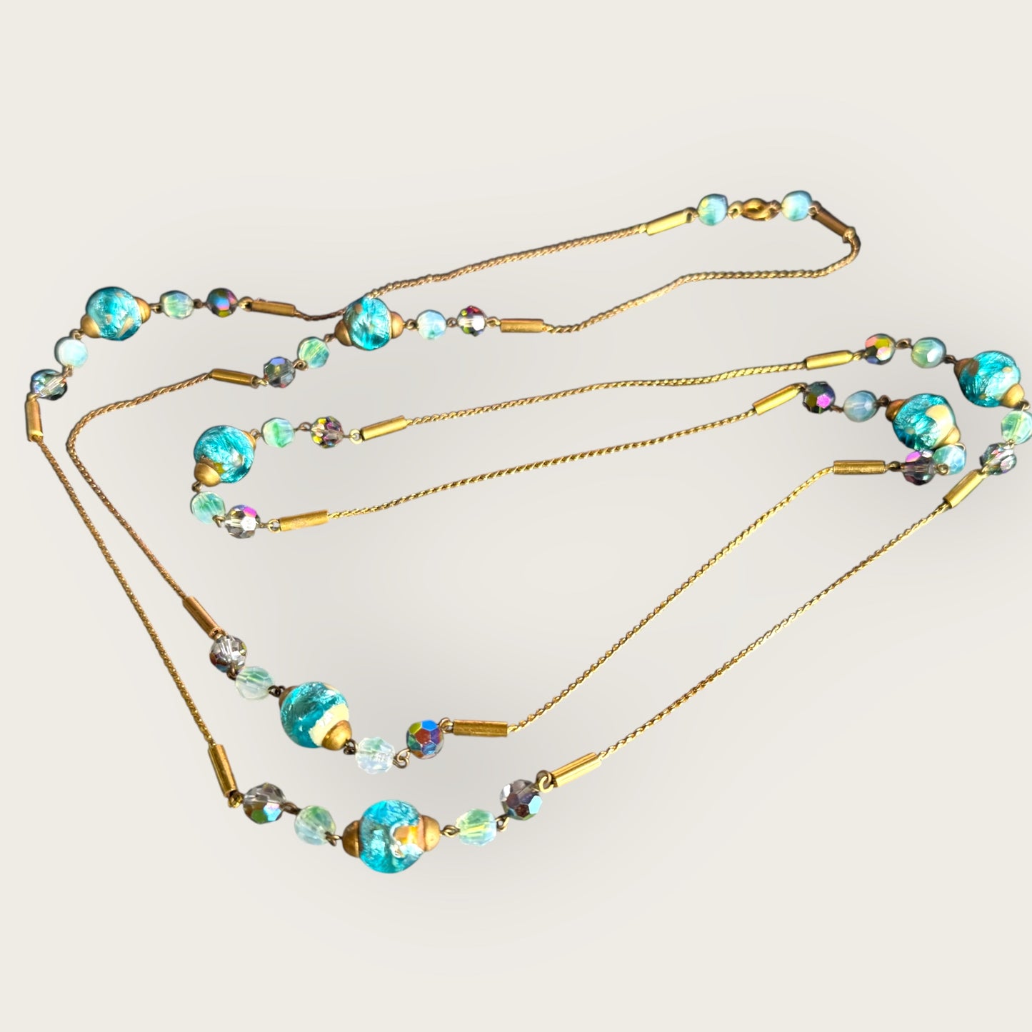 Vintage 56-Inch Murano Glass Necklace with Aqua Foil Wedding Cake Beads and Aurora Borealis Crystals