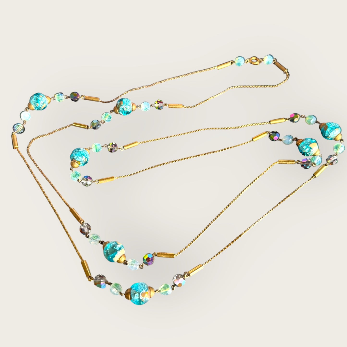 Vintage 56-Inch Murano Glass Necklace with Aqua Foil Wedding Cake Beads and Aurora Borealis Crystals