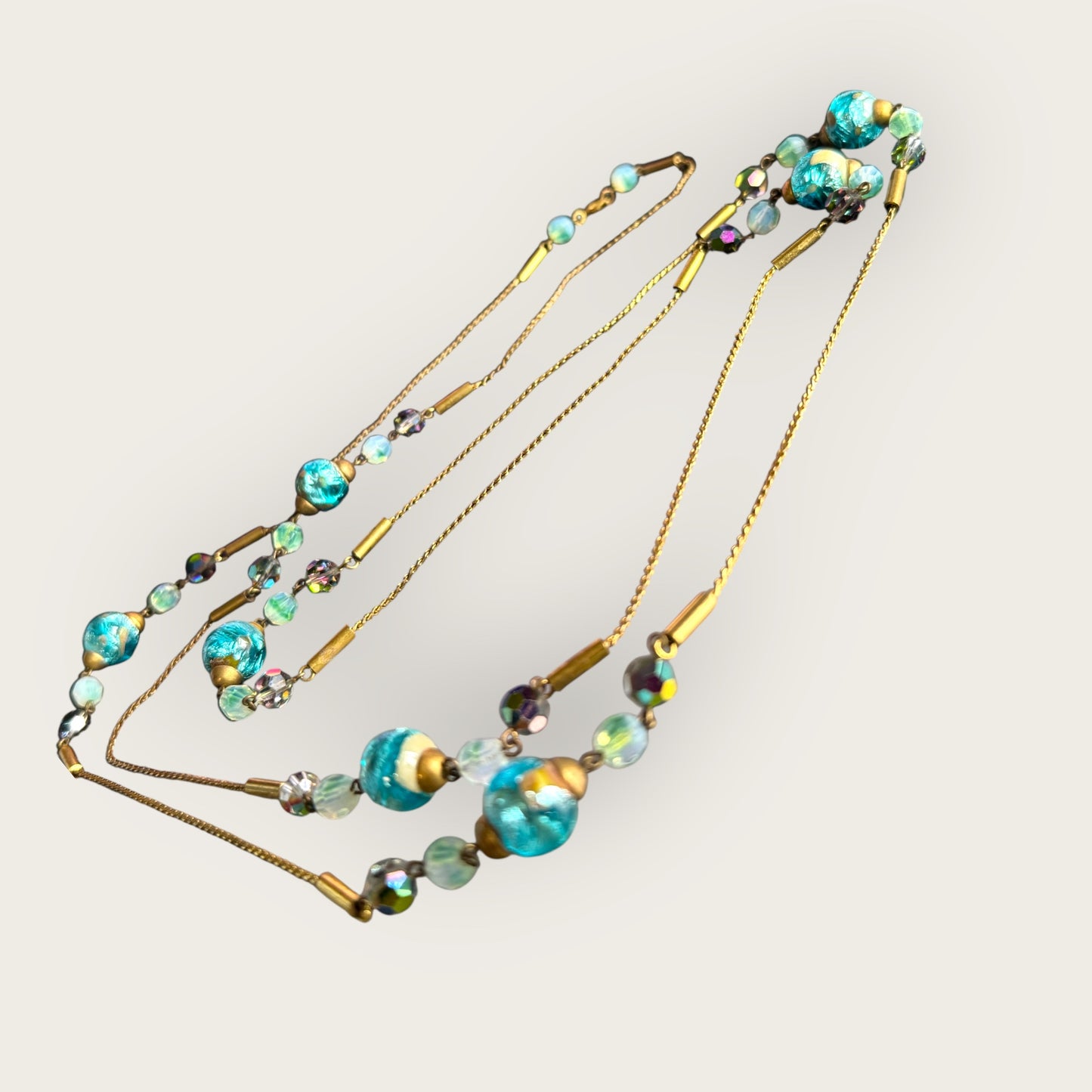 Vintage 56-Inch Murano Glass Necklace with Aqua Foil Wedding Cake Beads and Aurora Borealis Crystals