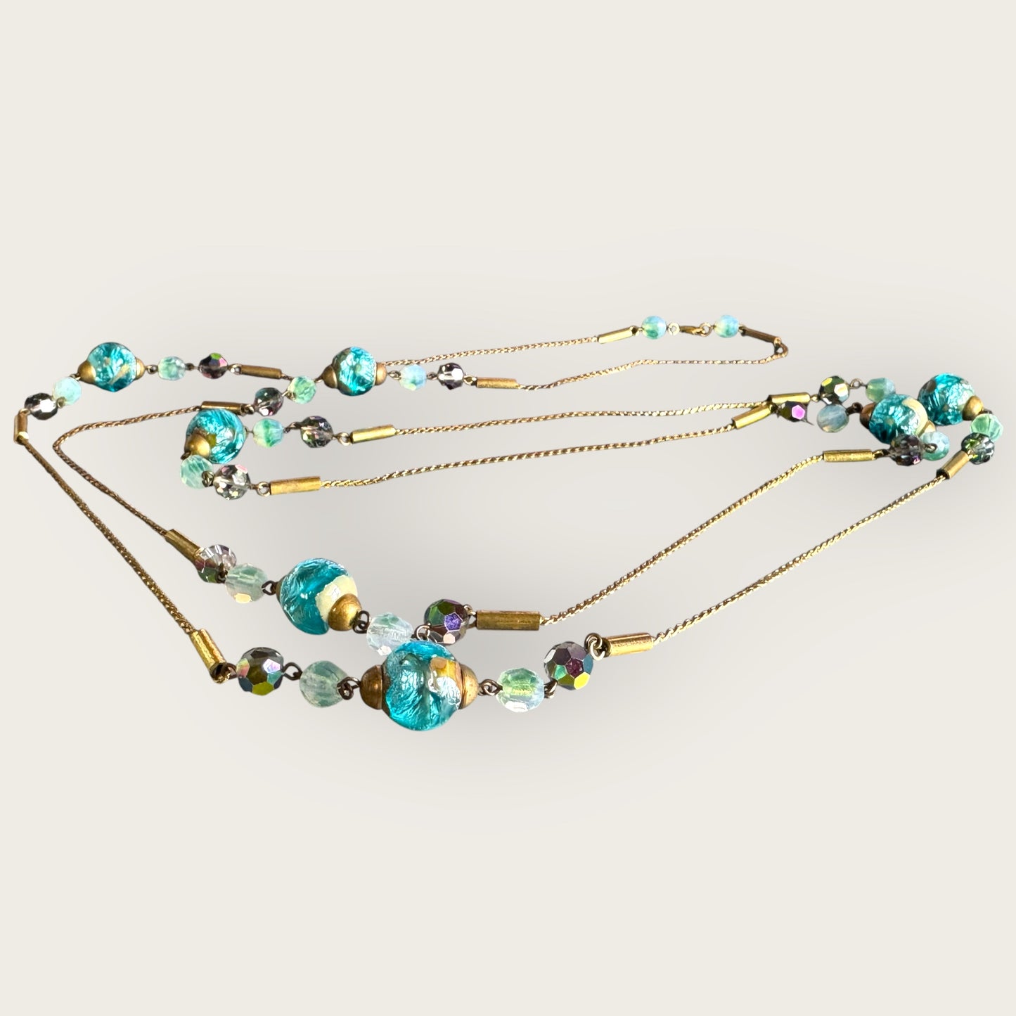 Vintage 56-Inch Murano Glass Necklace with Aqua Foil Wedding Cake Beads and Aurora Borealis Crystals
