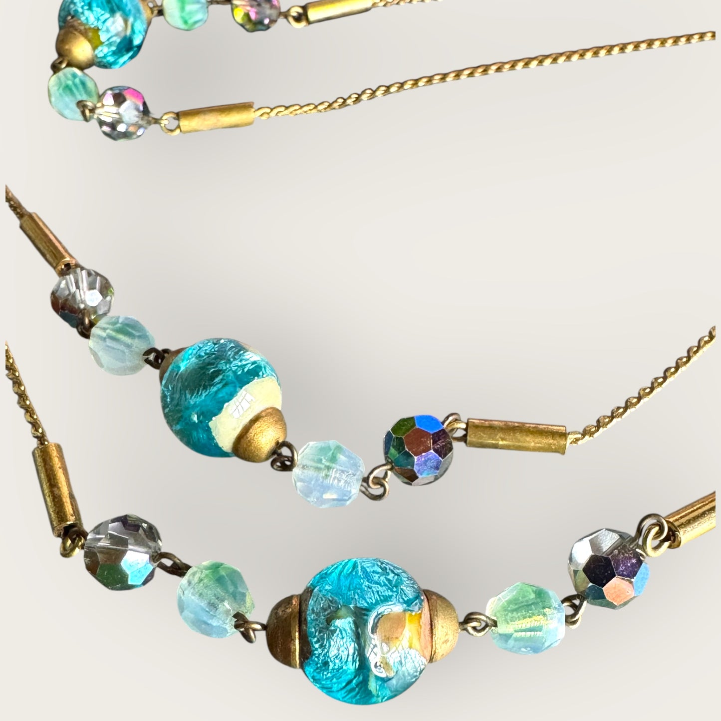 Vintage 56-Inch Murano Glass Necklace with Aqua Foil Wedding Cake Beads and Aurora Borealis Crystals