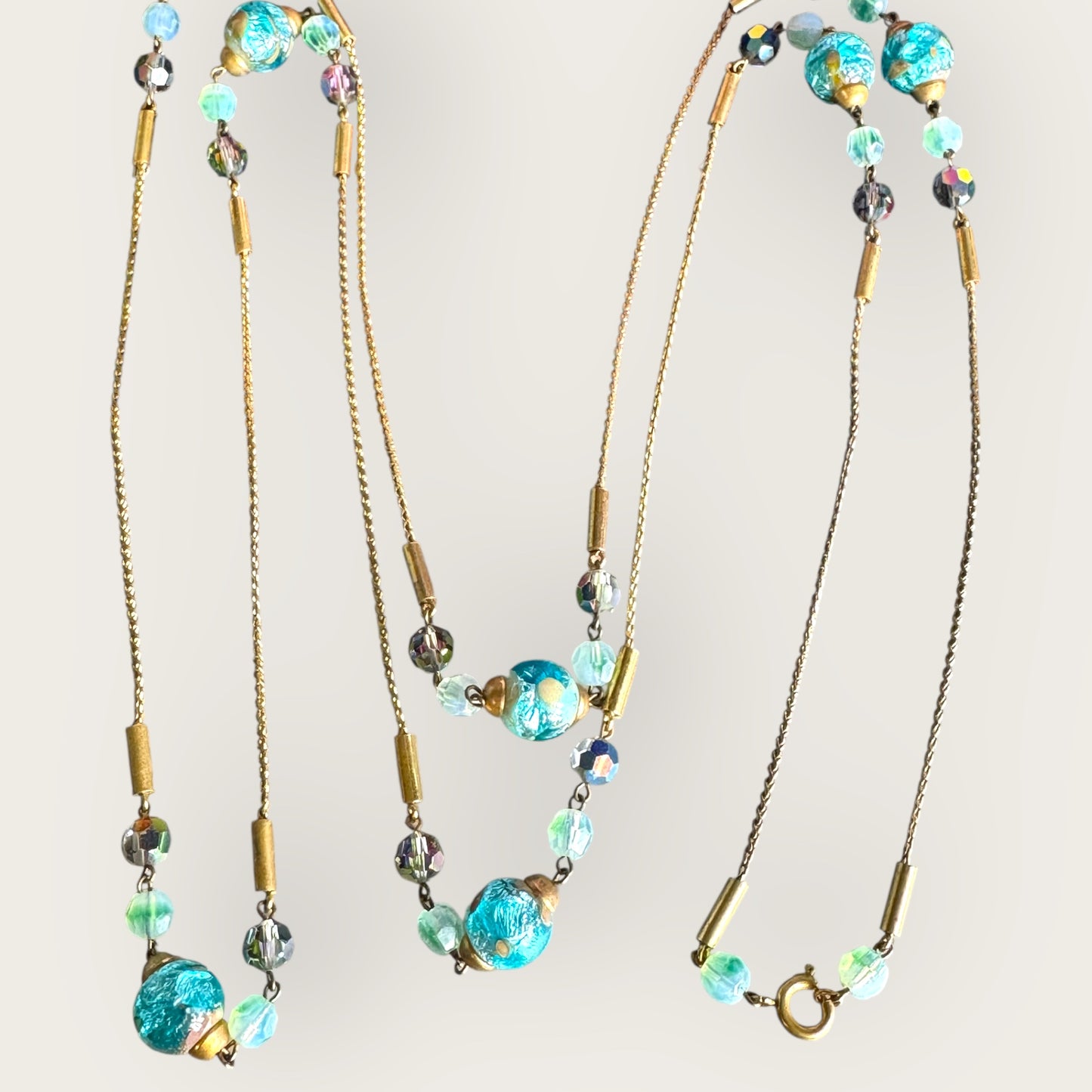 Vintage 56-Inch Murano Glass Necklace with Aqua Foil Wedding Cake Beads and Aurora Borealis Crystals