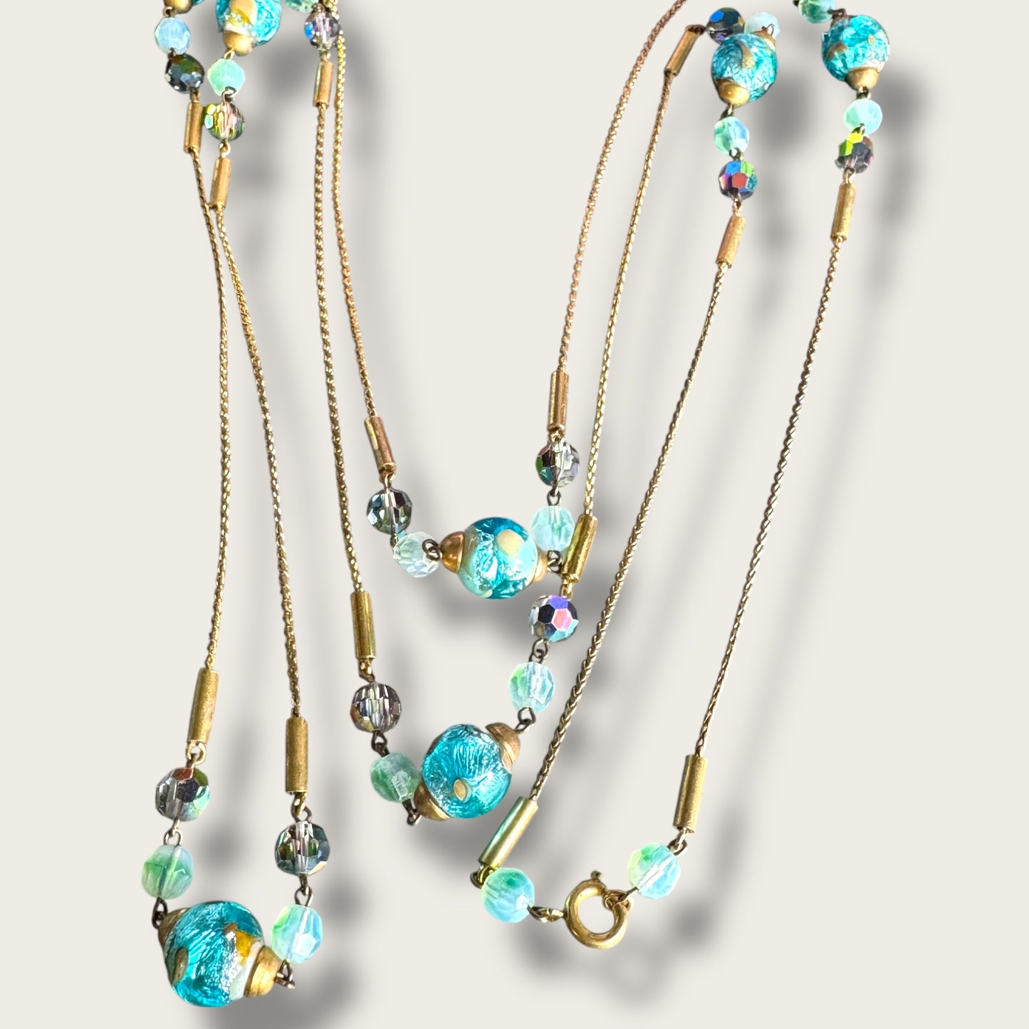 Vintage 56-Inch Murano Glass Necklace with Aqua Foil Wedding Cake Beads and Aurora Borealis Crystals