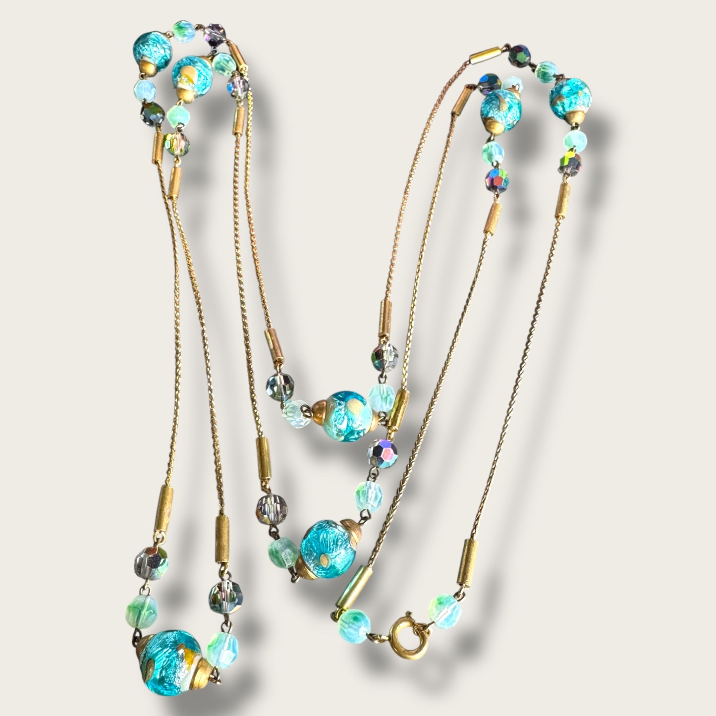 Vintage 56-Inch Murano Glass Necklace with Aqua Foil Wedding Cake Beads and Aurora Borealis Crystals