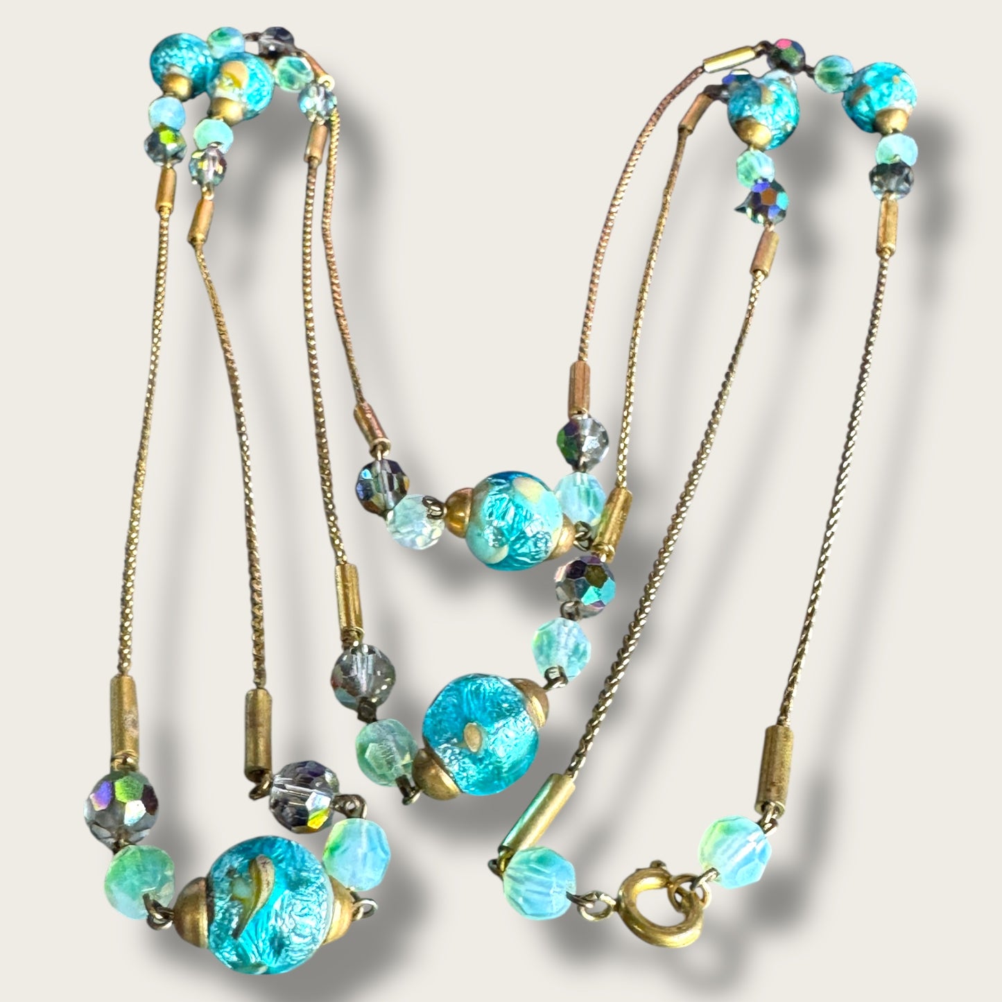 Vintage 56-Inch Murano Glass Necklace with Aqua Foil Wedding Cake Beads and Aurora Borealis Crystals