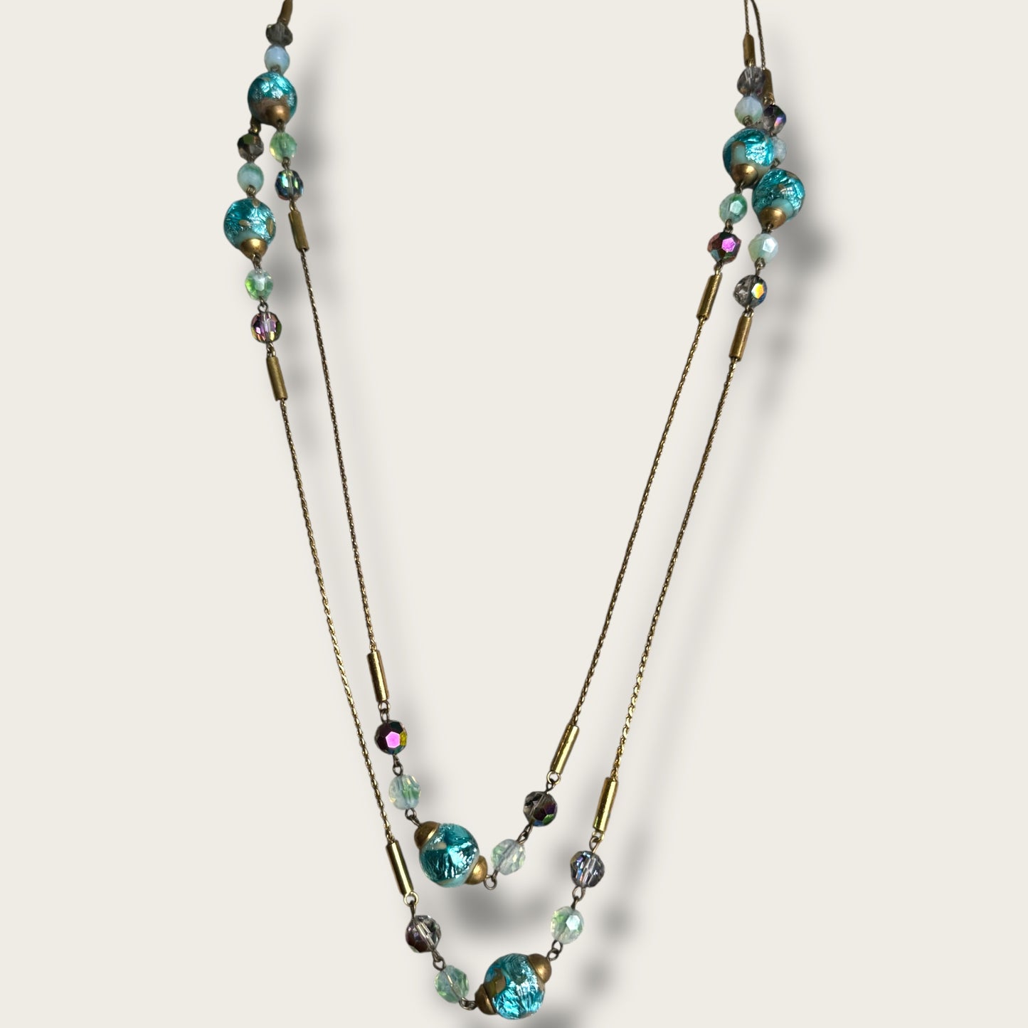 Vintage 56-Inch Murano Glass Necklace with Aqua Foil Wedding Cake Beads and Aurora Borealis Crystals
